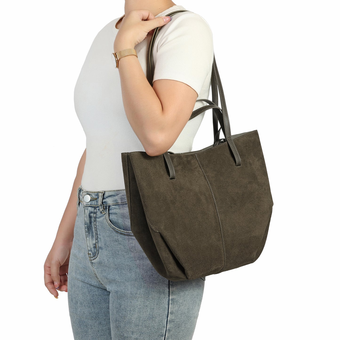 Suede & Leather Convertible Tote Bag