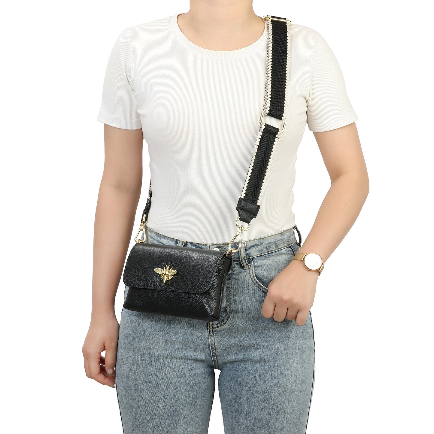 Metallic Leather Bee Embellished Shoulder Bag with Chain Strap