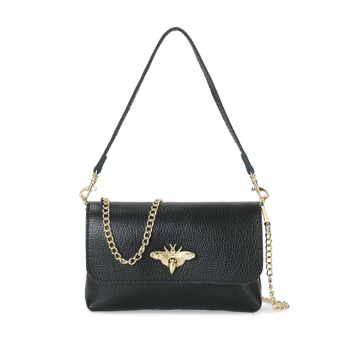 Metallic Leather Bee Embellished Shoulder Bag with Chain Strap