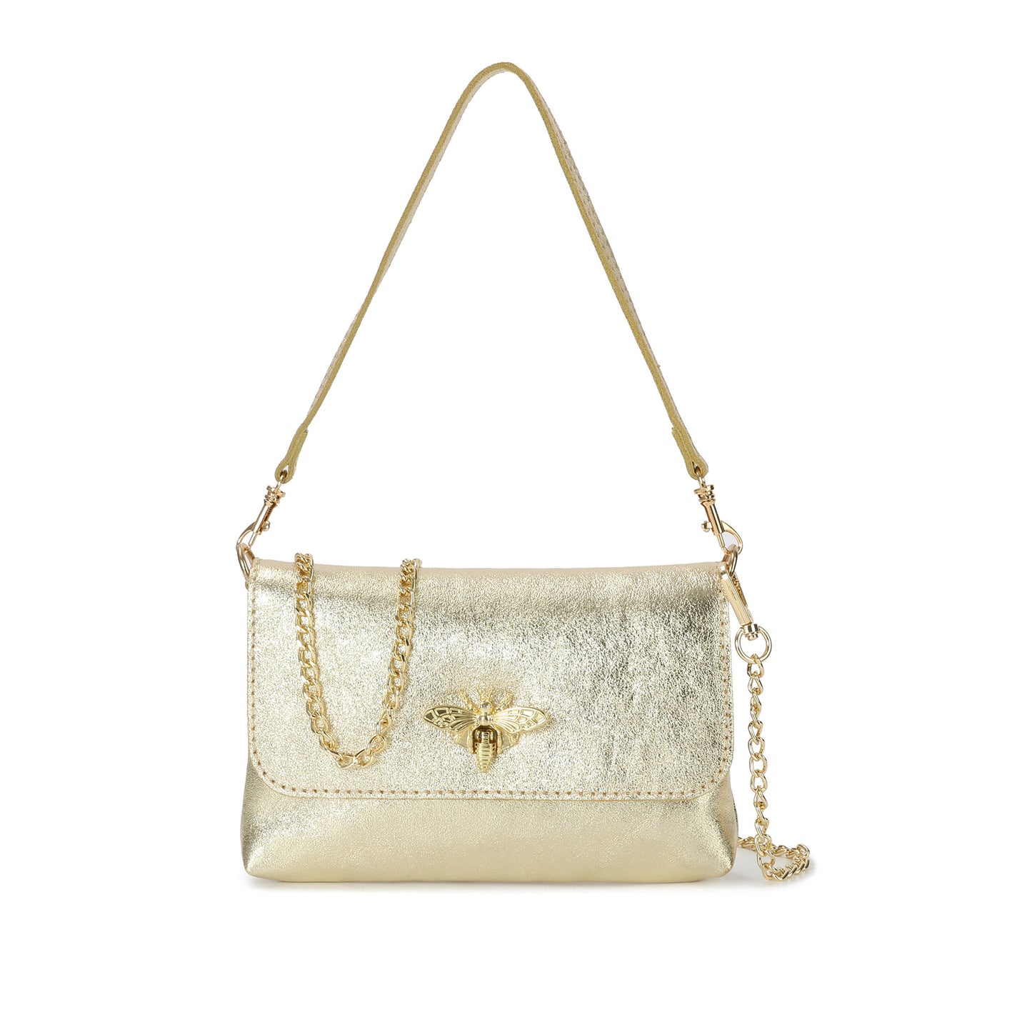 Metallic Leather Bee Embellished Shoulder Bag with Chain Strap