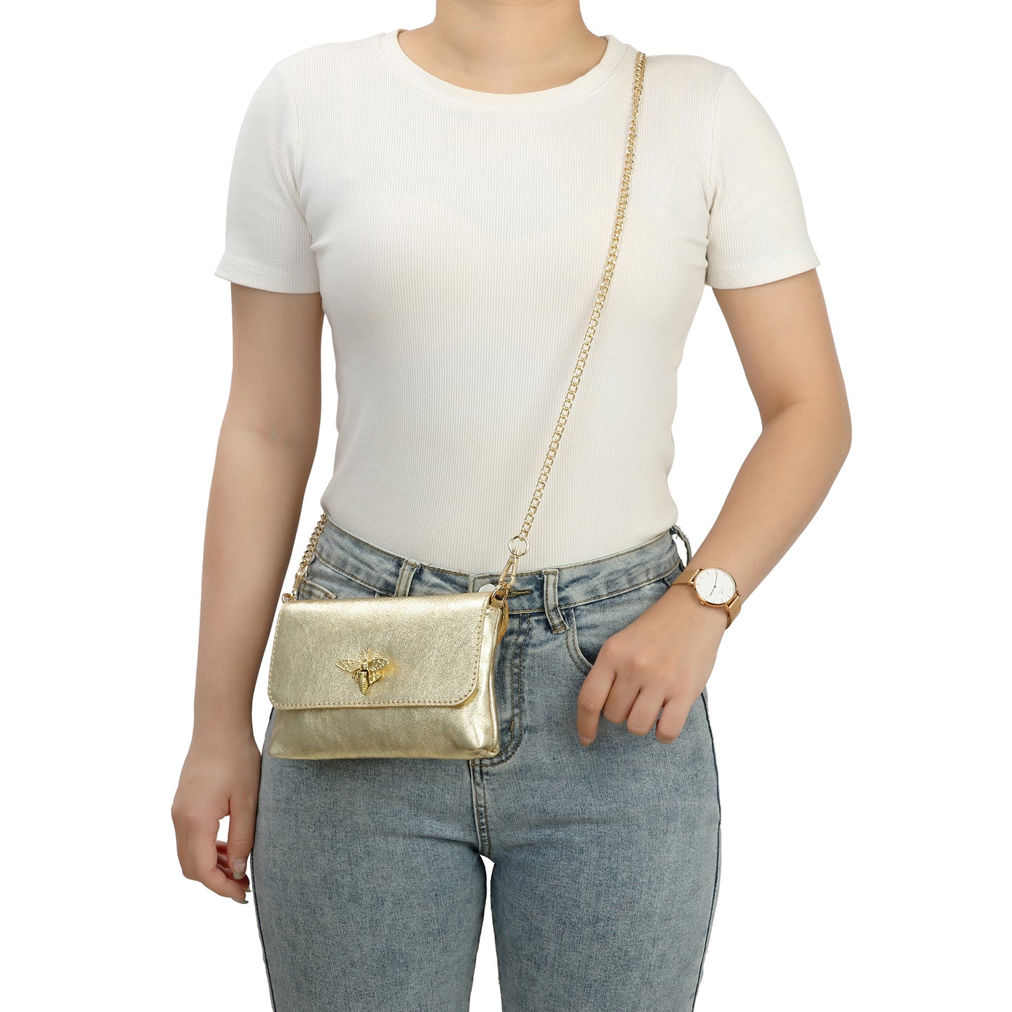Metallic Leather Bee Embellished Shoulder Bag with Chain Strap