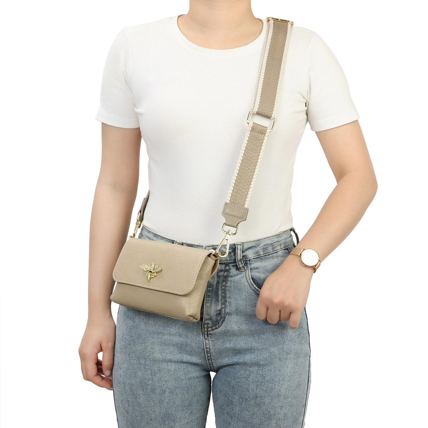 Metallic Leather Bee Embellished Shoulder Bag with Chain Strap