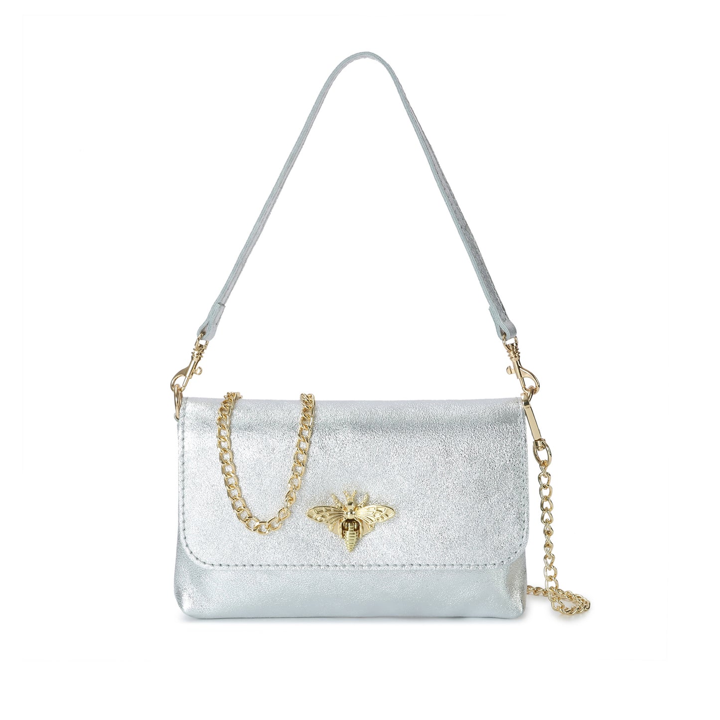 Metallic Leather Bee Embellished Shoulder Bag with Chain Strap