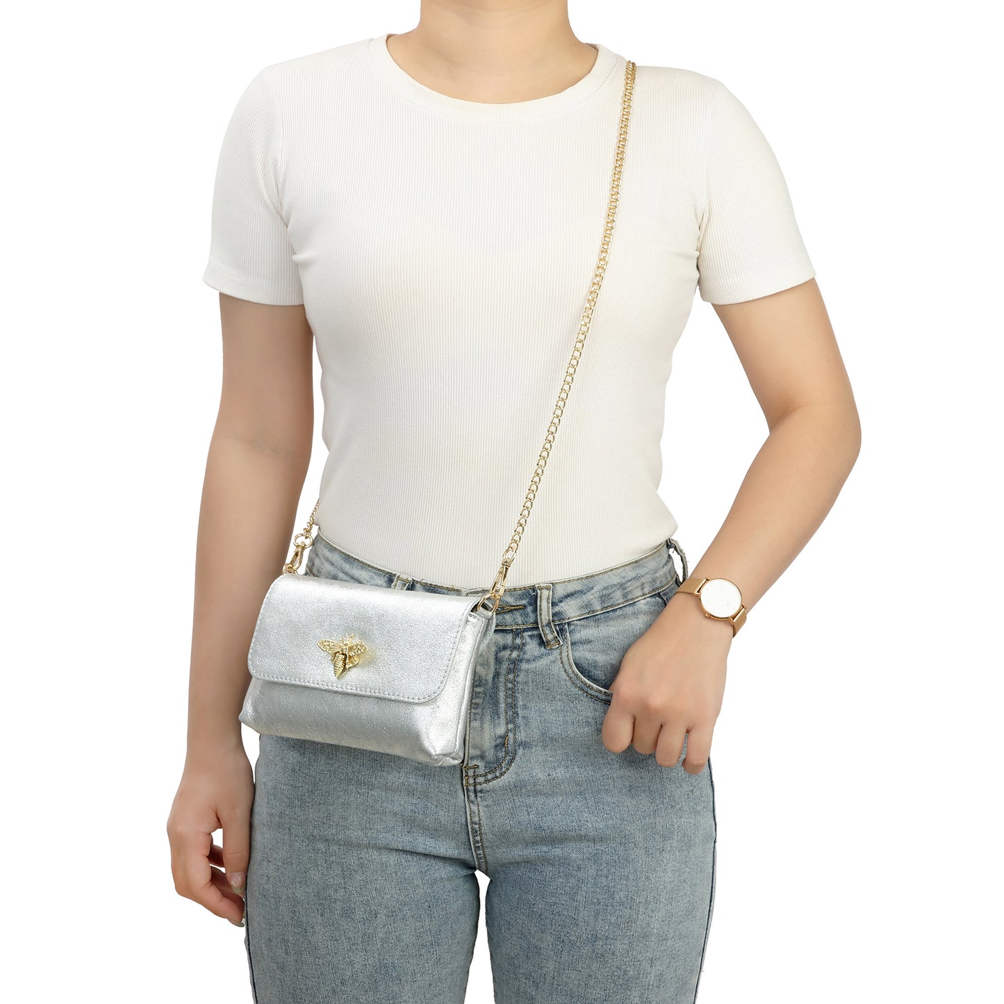Metallic Leather Bee Embellished Shoulder Bag with Chain Strap
