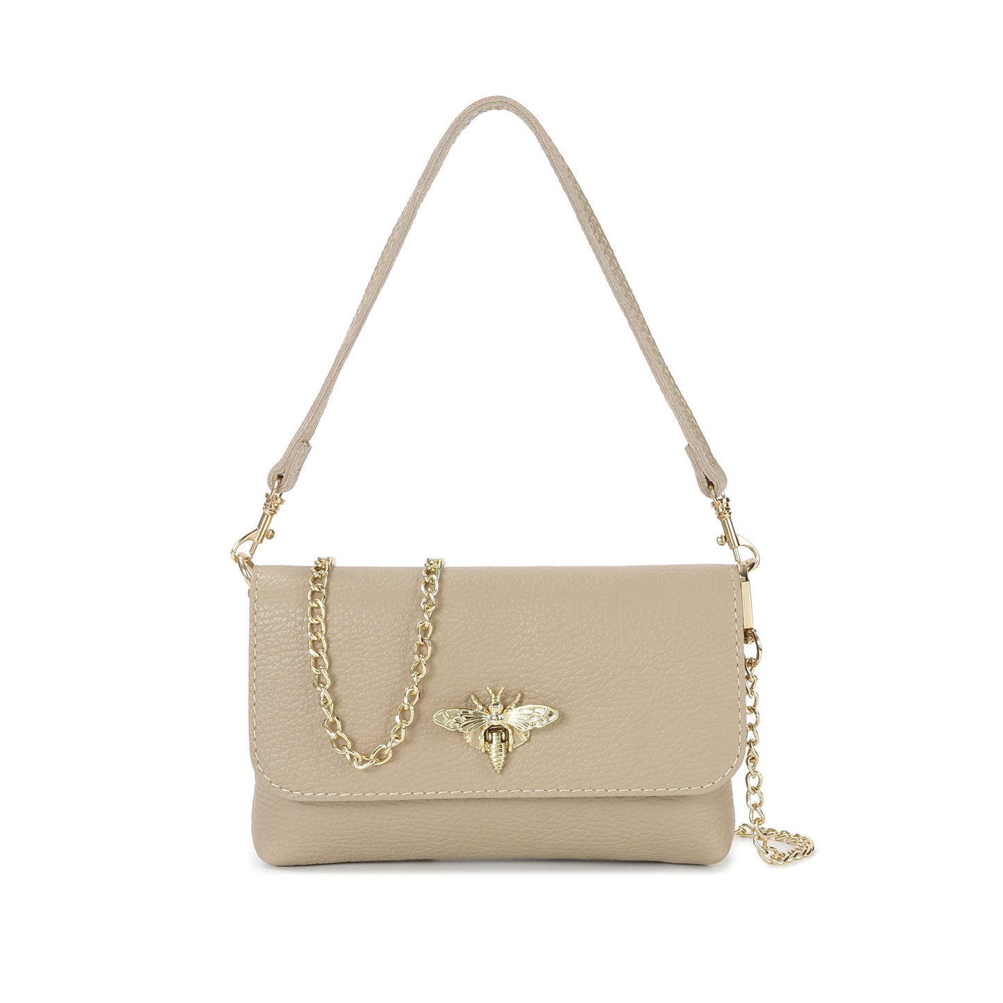 Metallic Leather Bee Embellished Shoulder Bag with Chain Strap
