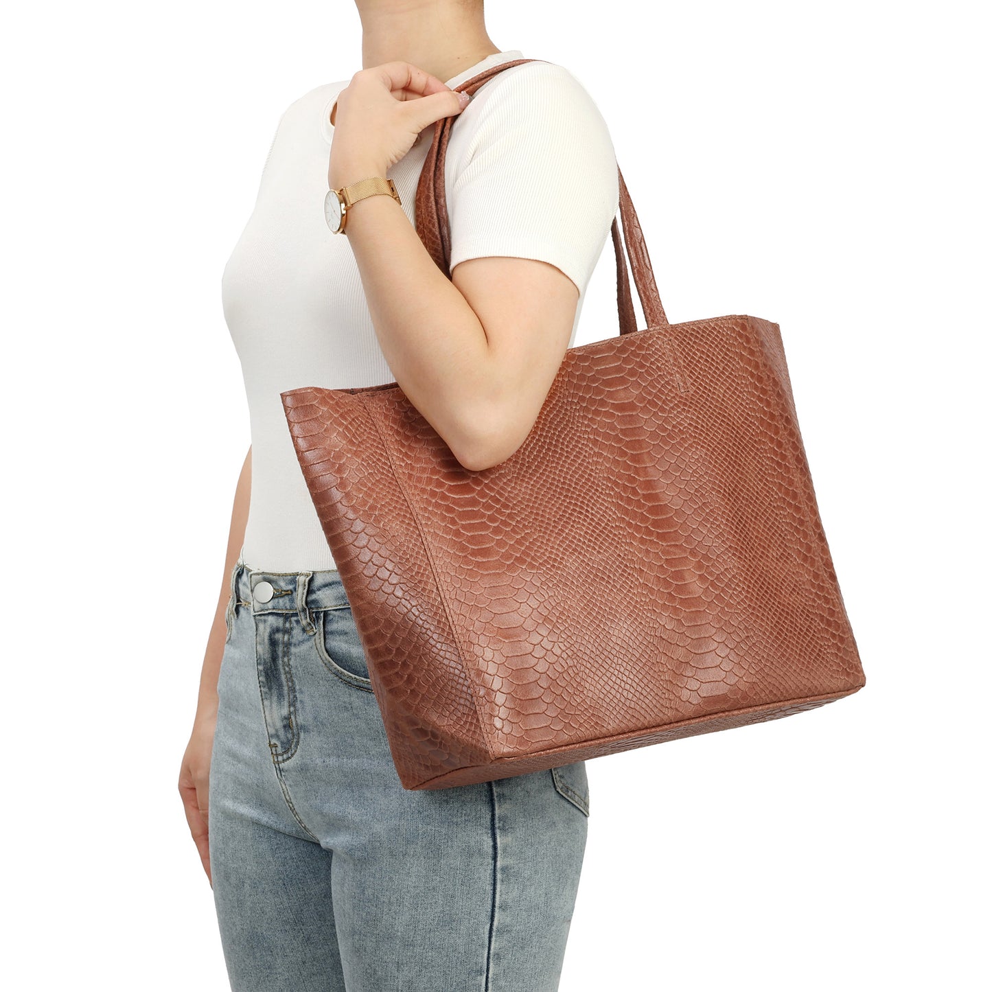 Embossed Leather Tote Bag with Reptile Finish