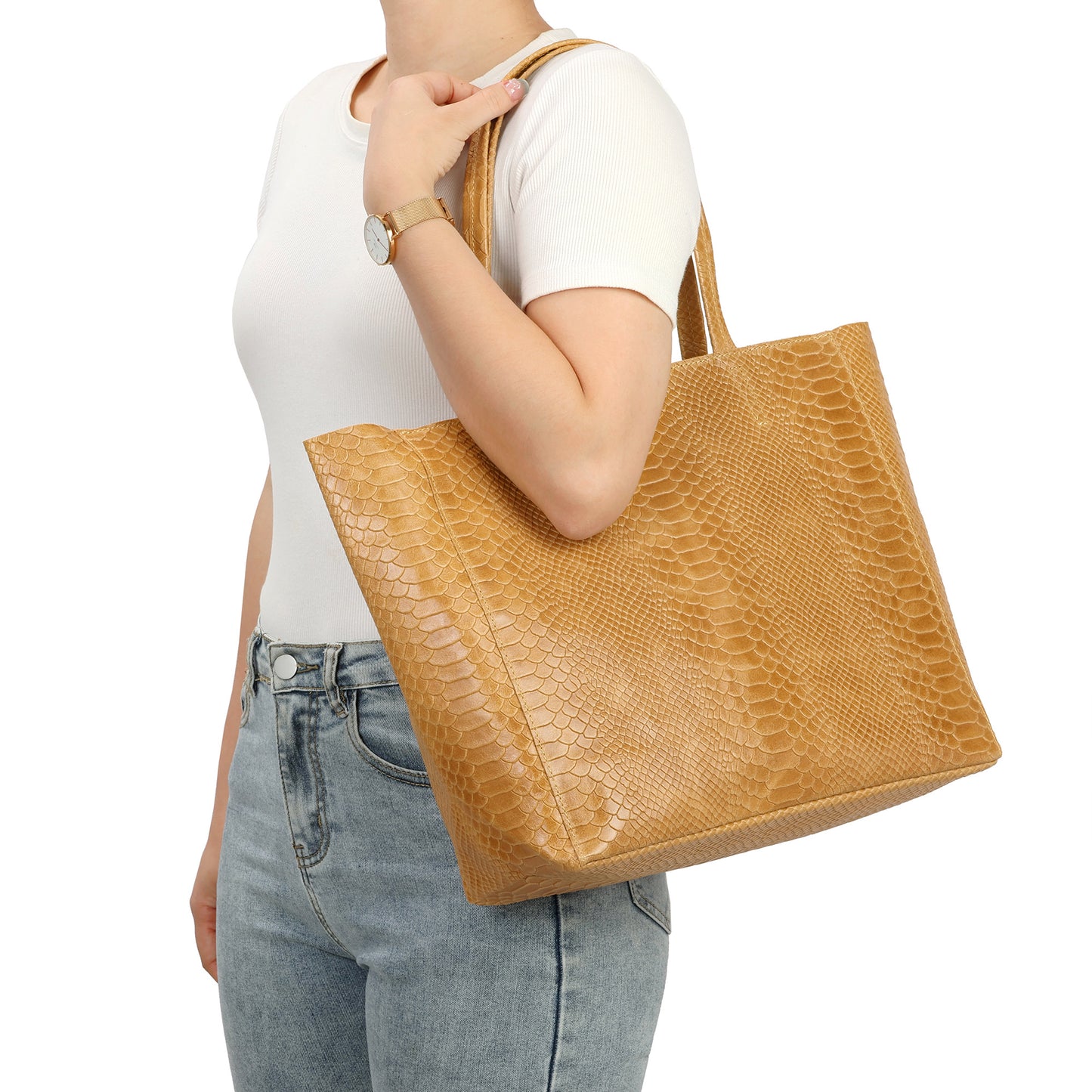 Embossed Leather Tote Bag with Reptile Finish