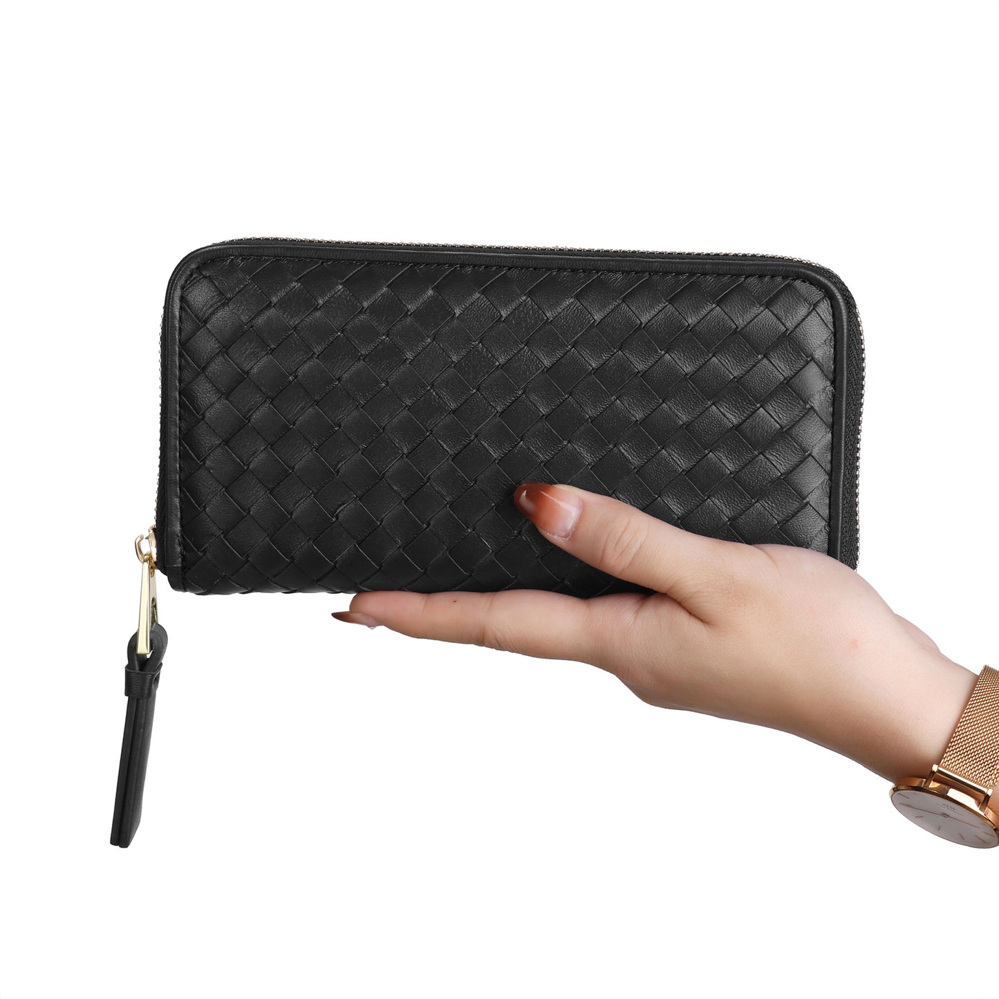 Woven Zip-Around Leather Wallet