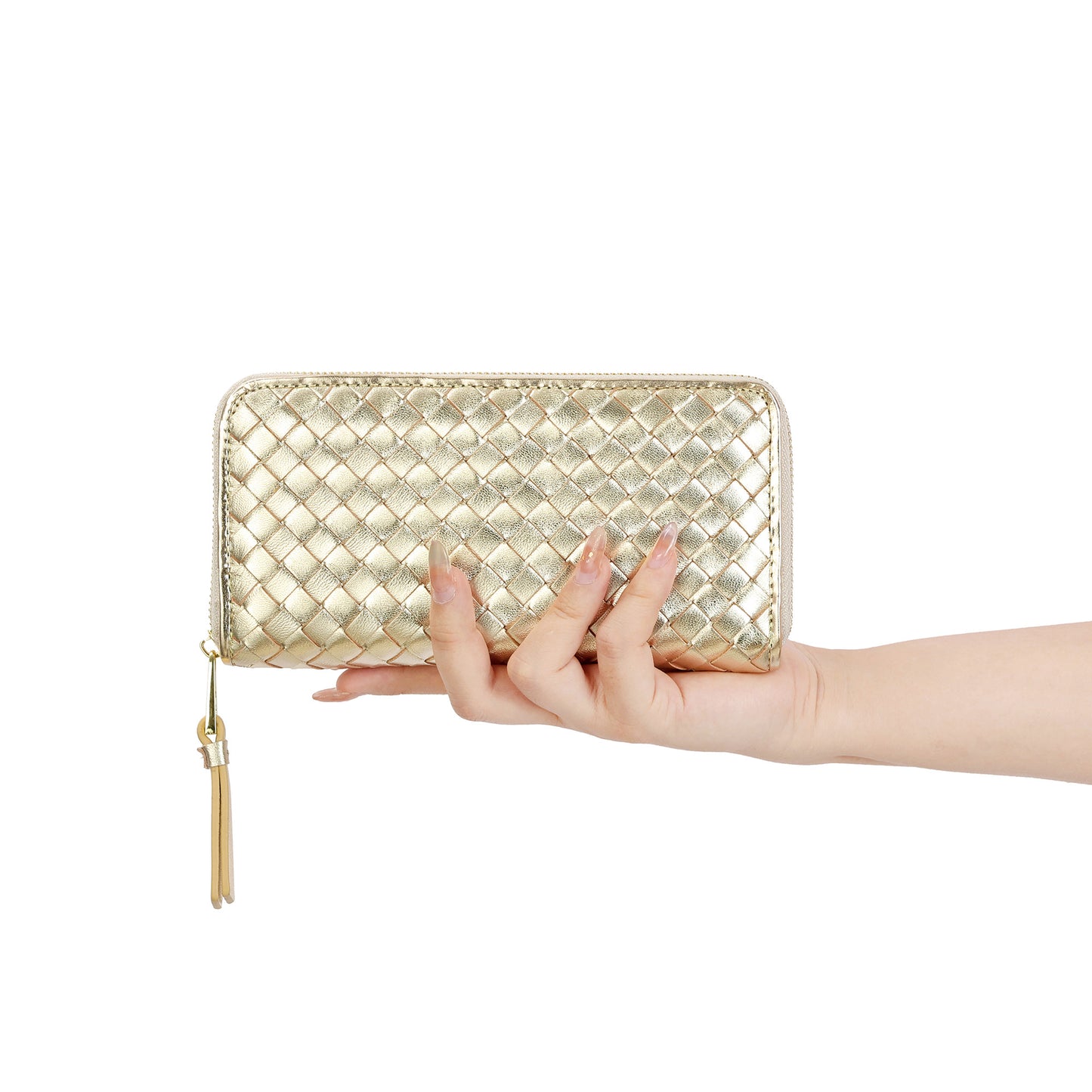 Woven Zip-Around Leather Wallet