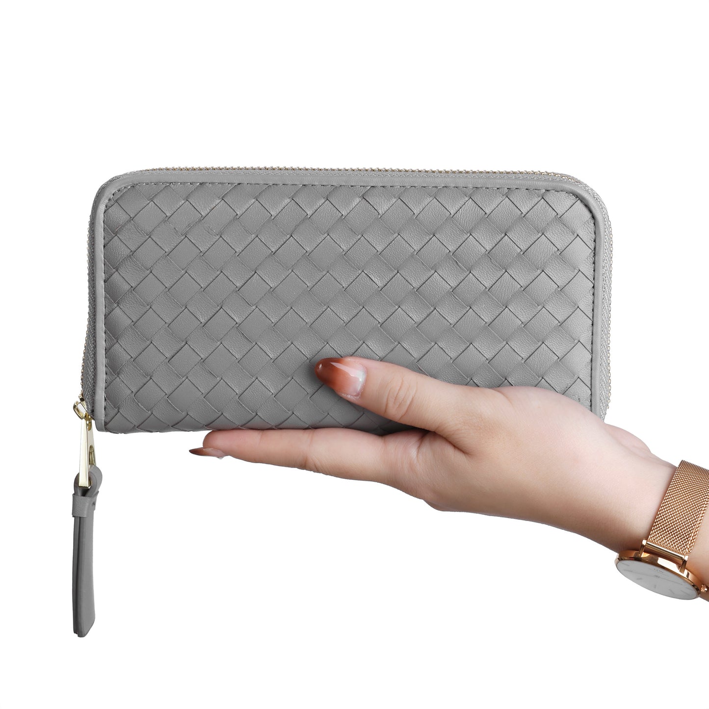 Woven Zip-Around Leather Wallet