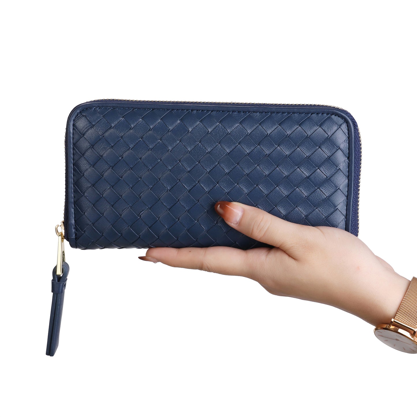 Woven Zip-Around Leather Wallet