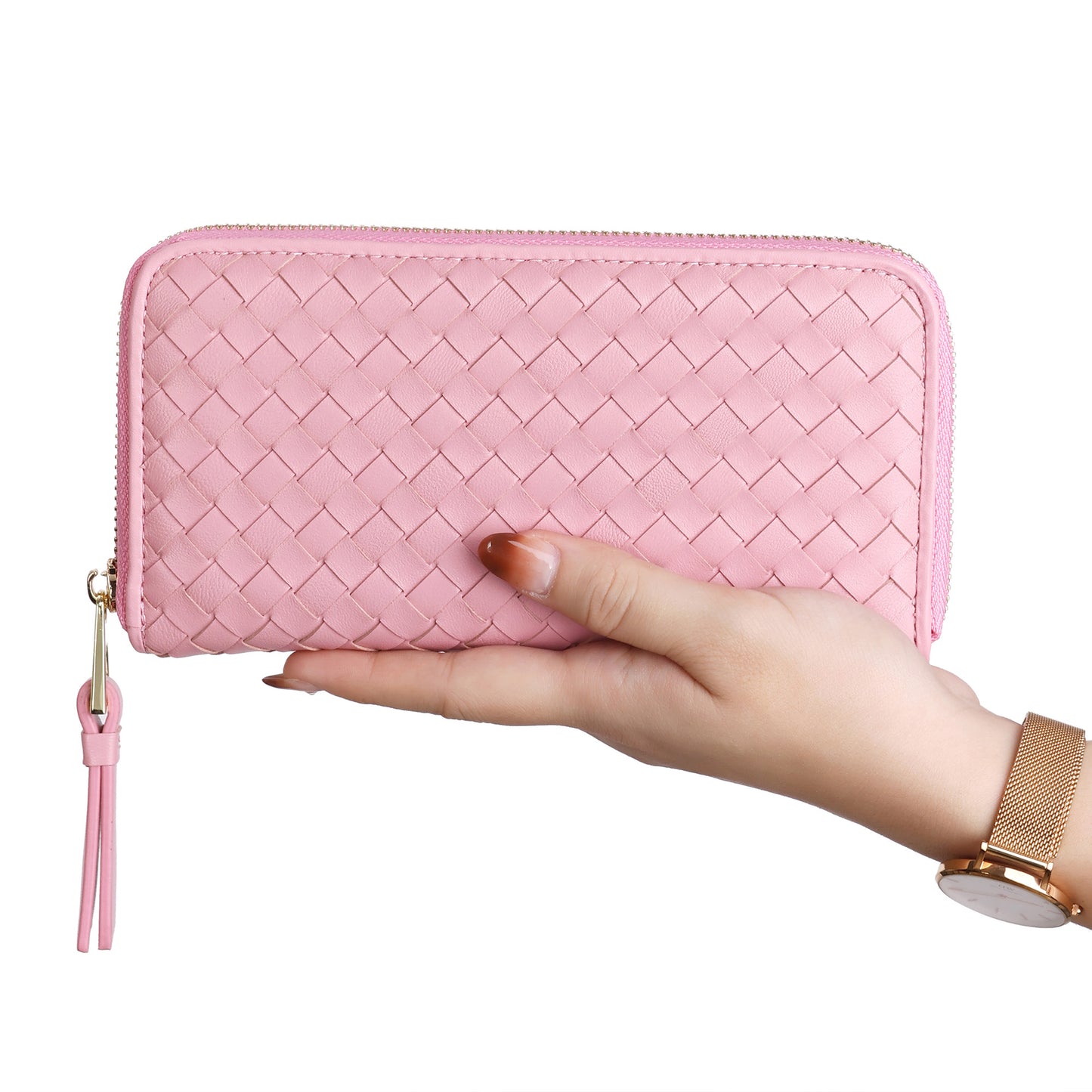 Woven Zip-Around Leather Wallet