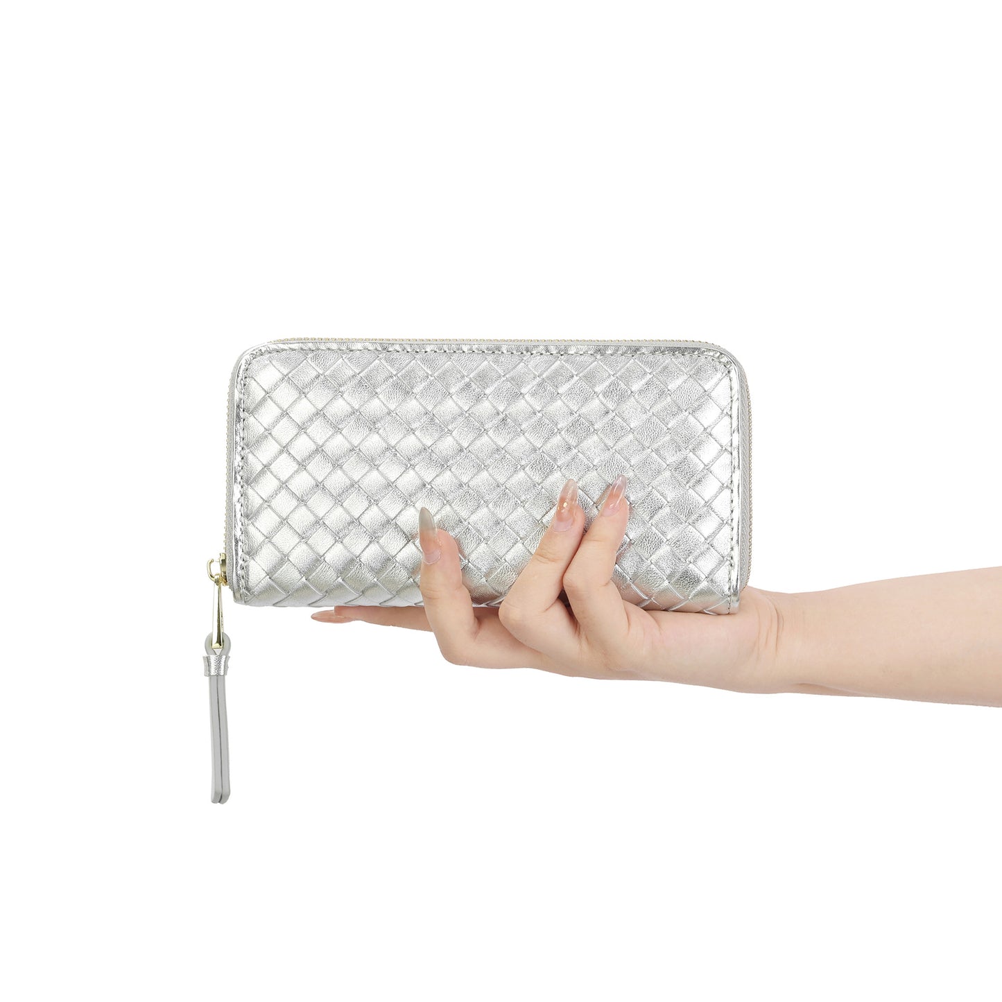 Woven Zip-Around Leather Wallet