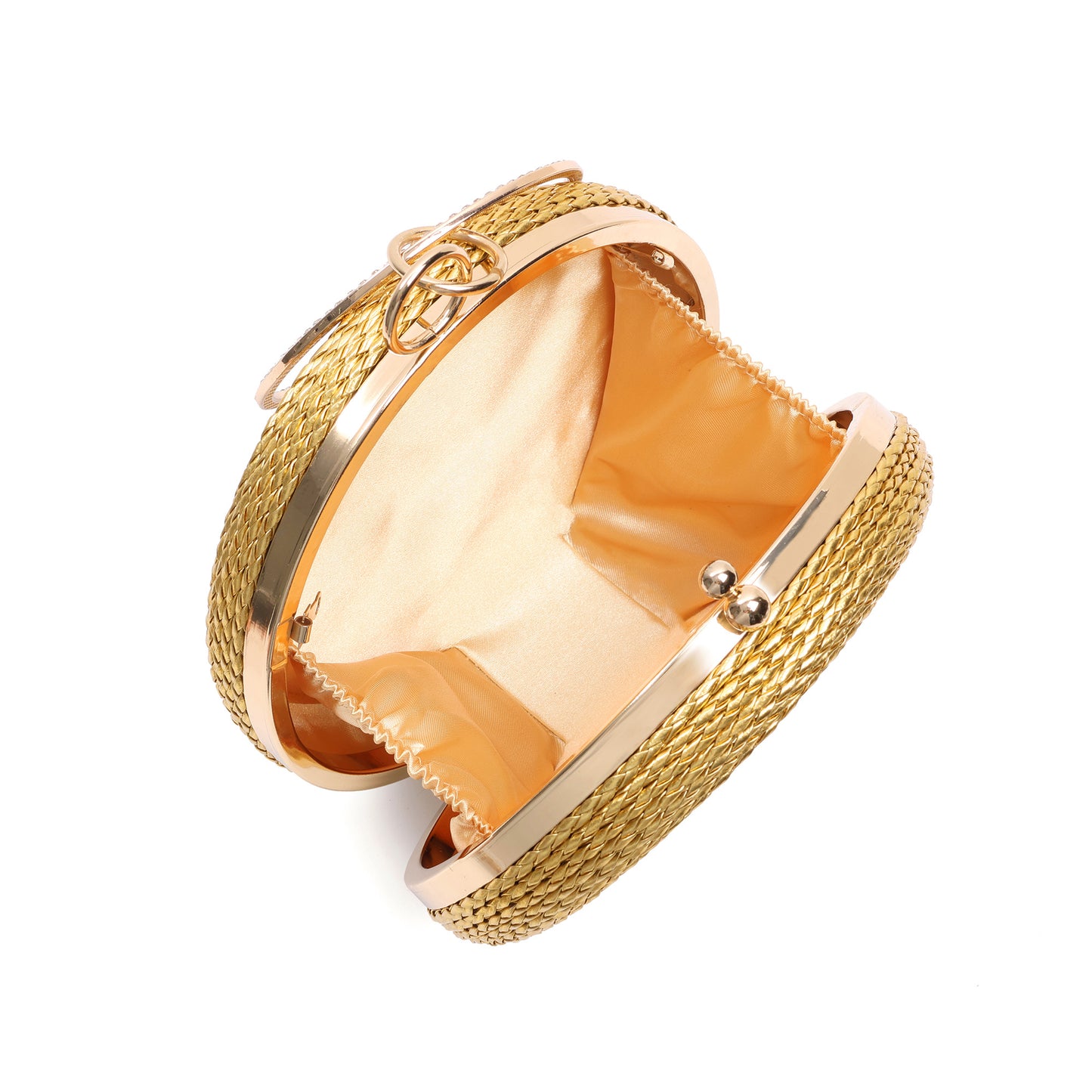 Round Woven Metallic Clutch with Crystal Ring Handle