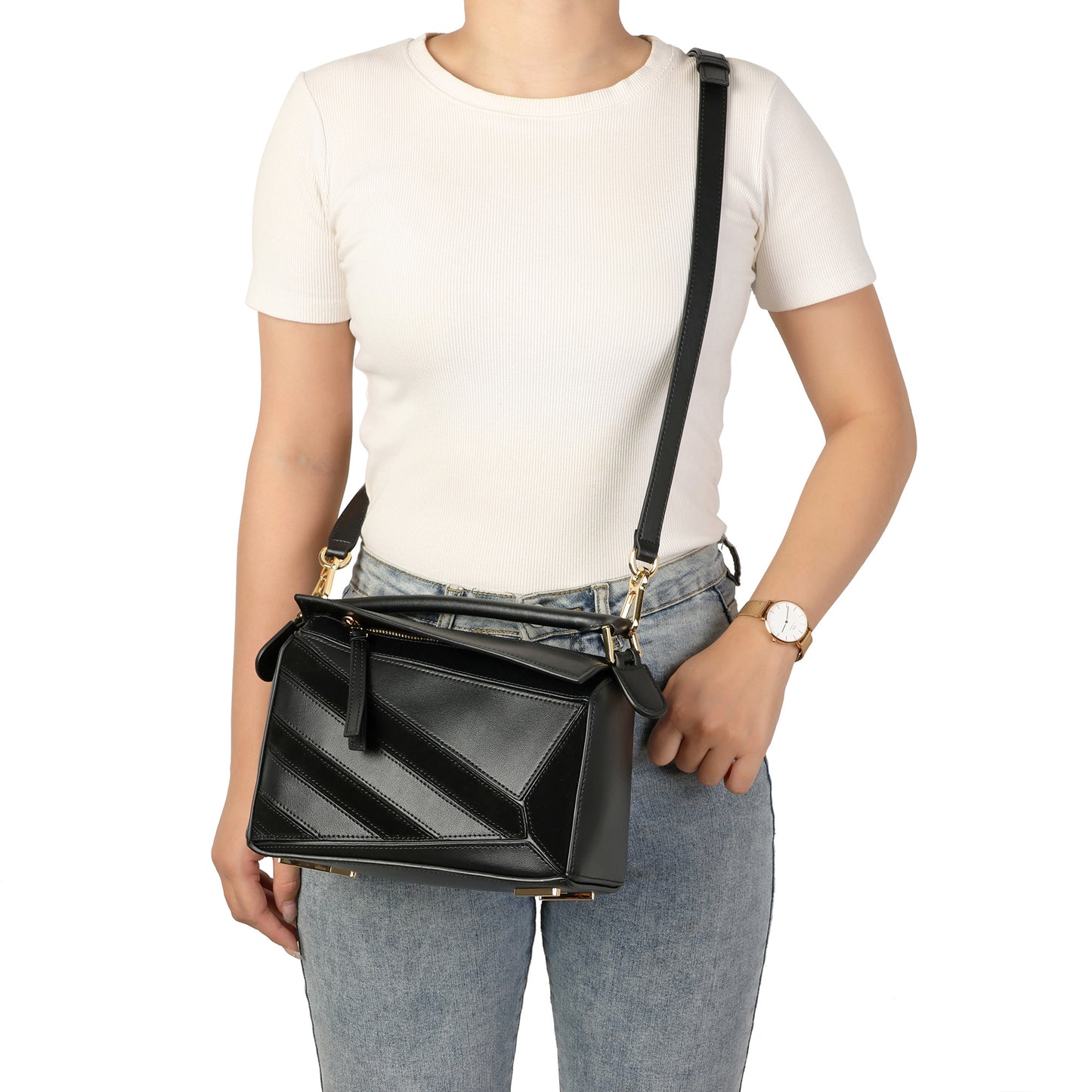 Leather Geometric Satchel with Crossbody Strap