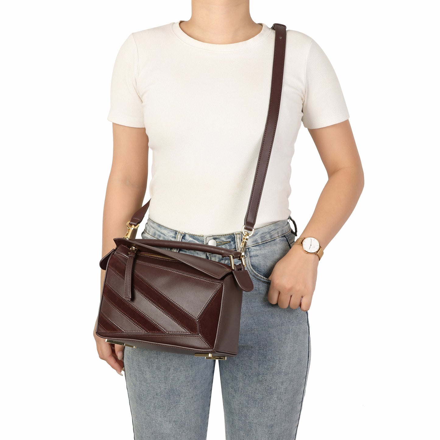 Leather Geometric Satchel with Crossbody Strap