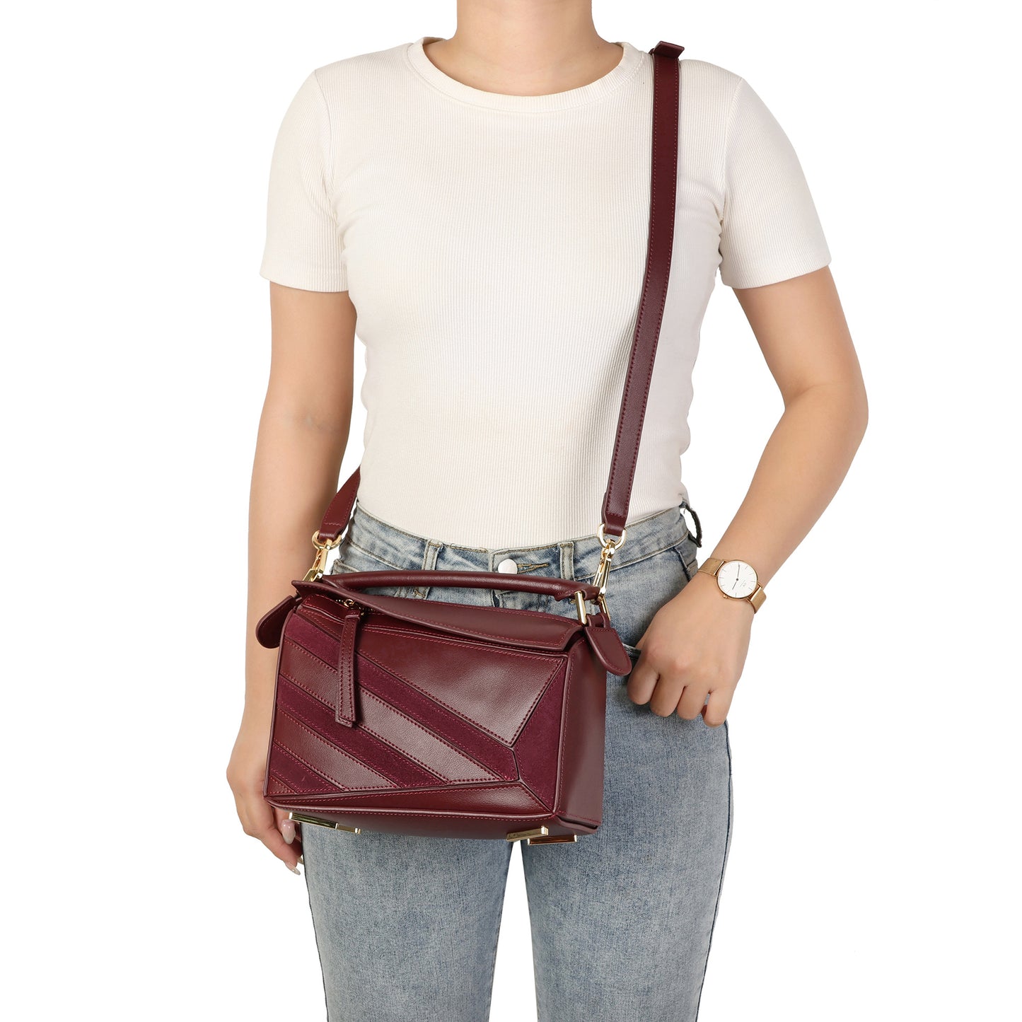 Leather Geometric Satchel with Crossbody Strap