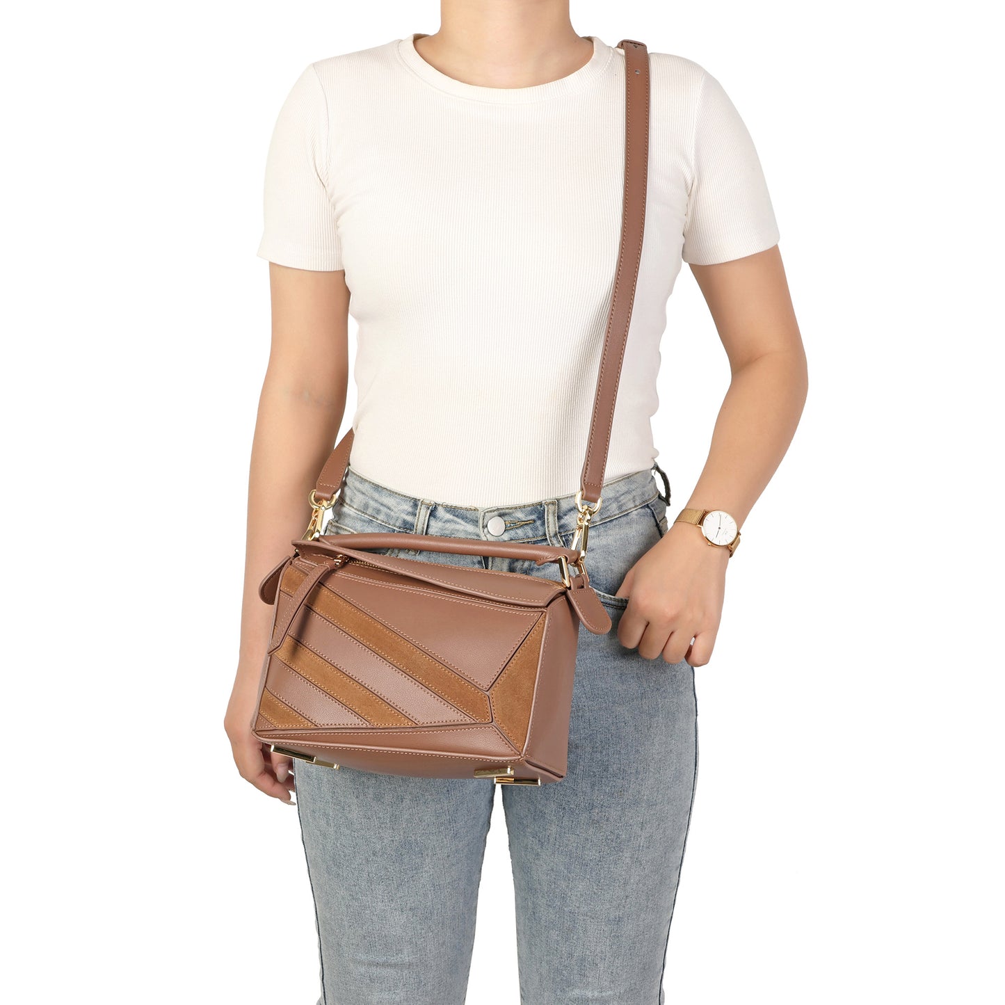 Leather Geometric Satchel with Crossbody Strap