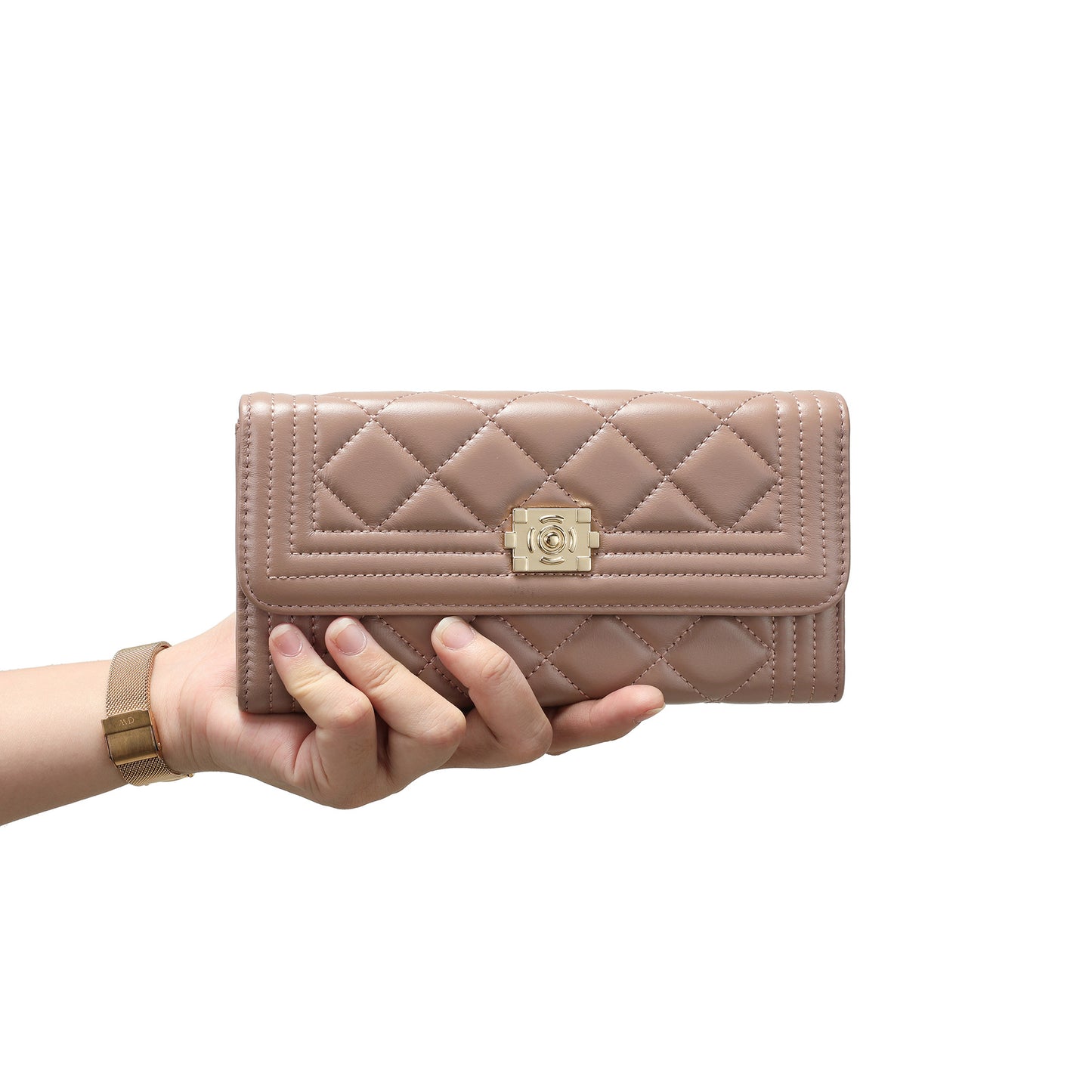 Quilted Sheepskin Leather Long Wallet
