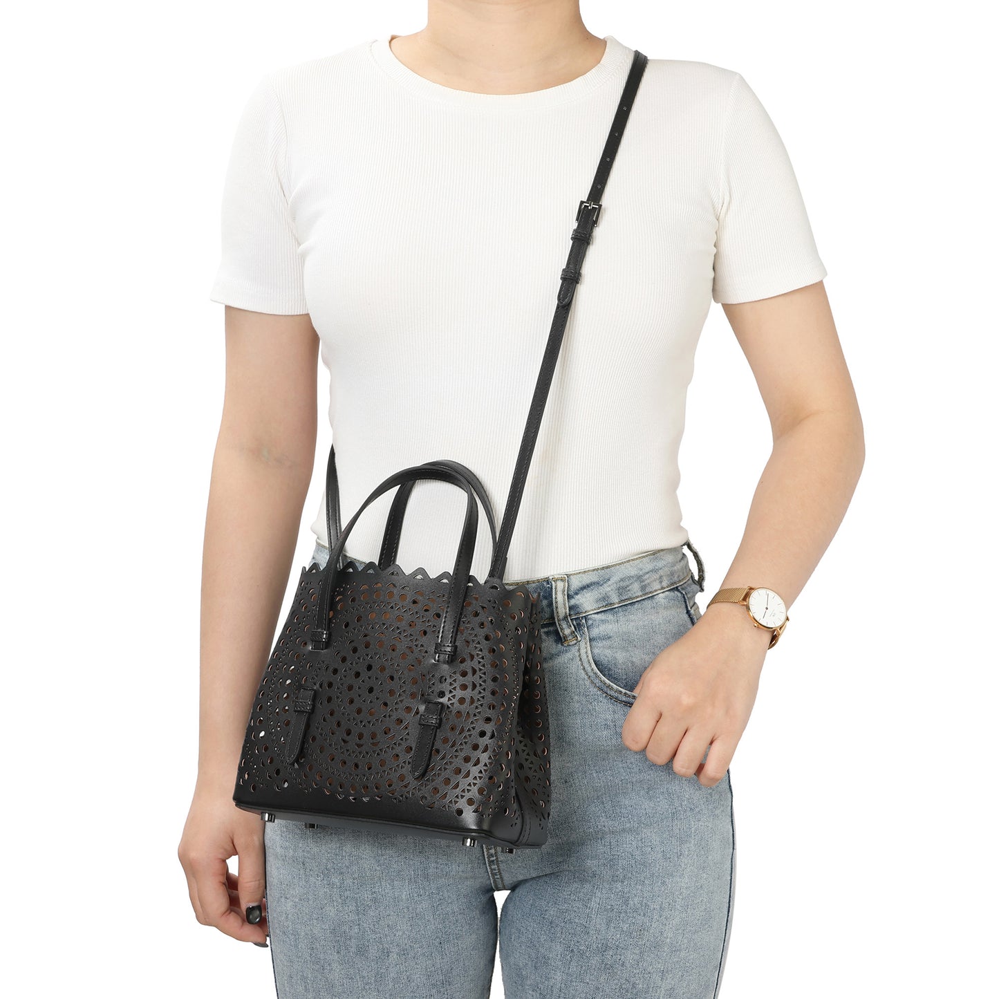 Laser-Cut Leather Mini Tote with Scalloped Edge