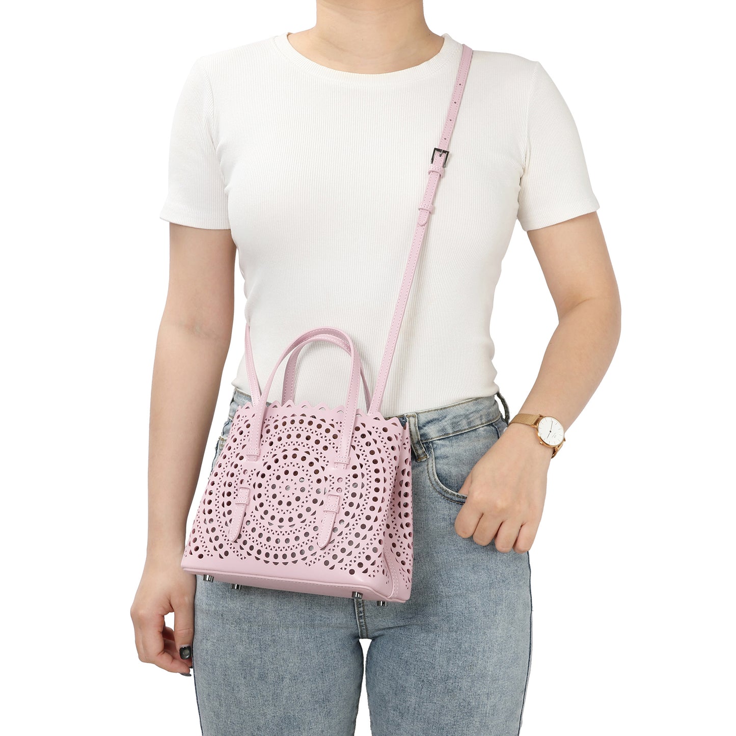 Laser-Cut Leather Mini Tote with Scalloped Edge