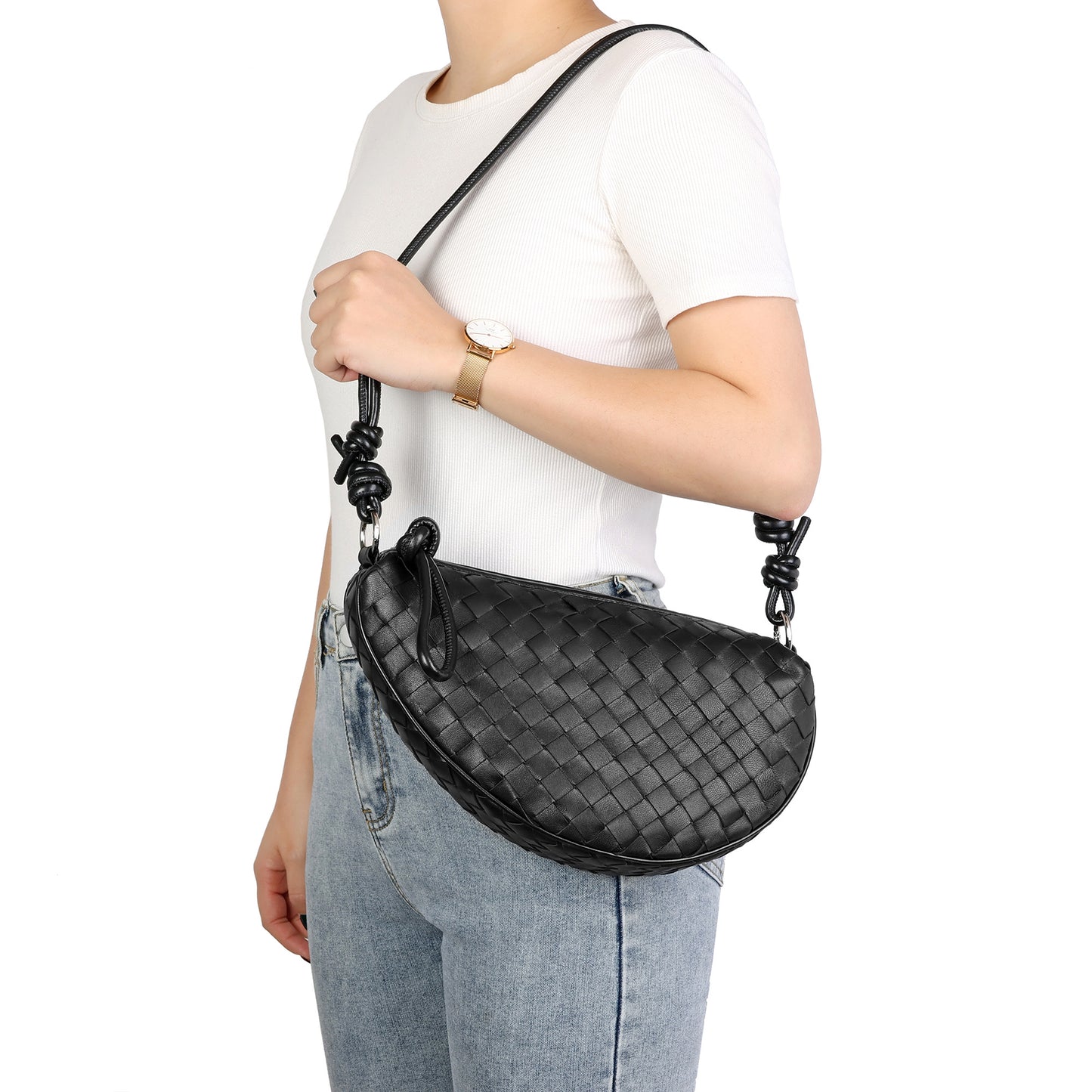 Woven & Braided Leather Half-Moon Crossbody Bag
