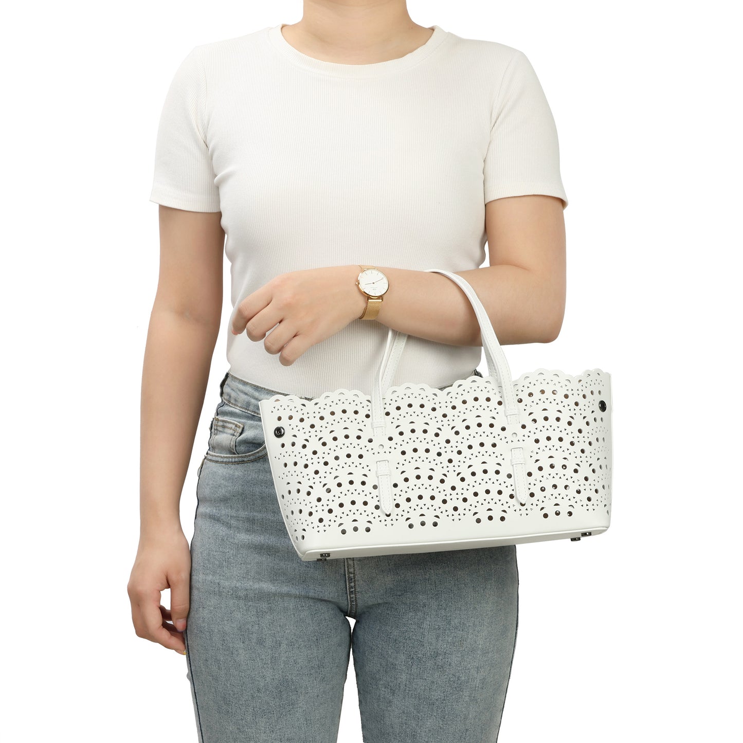 Laser-Cut Leather Tote with Scalloped Edges