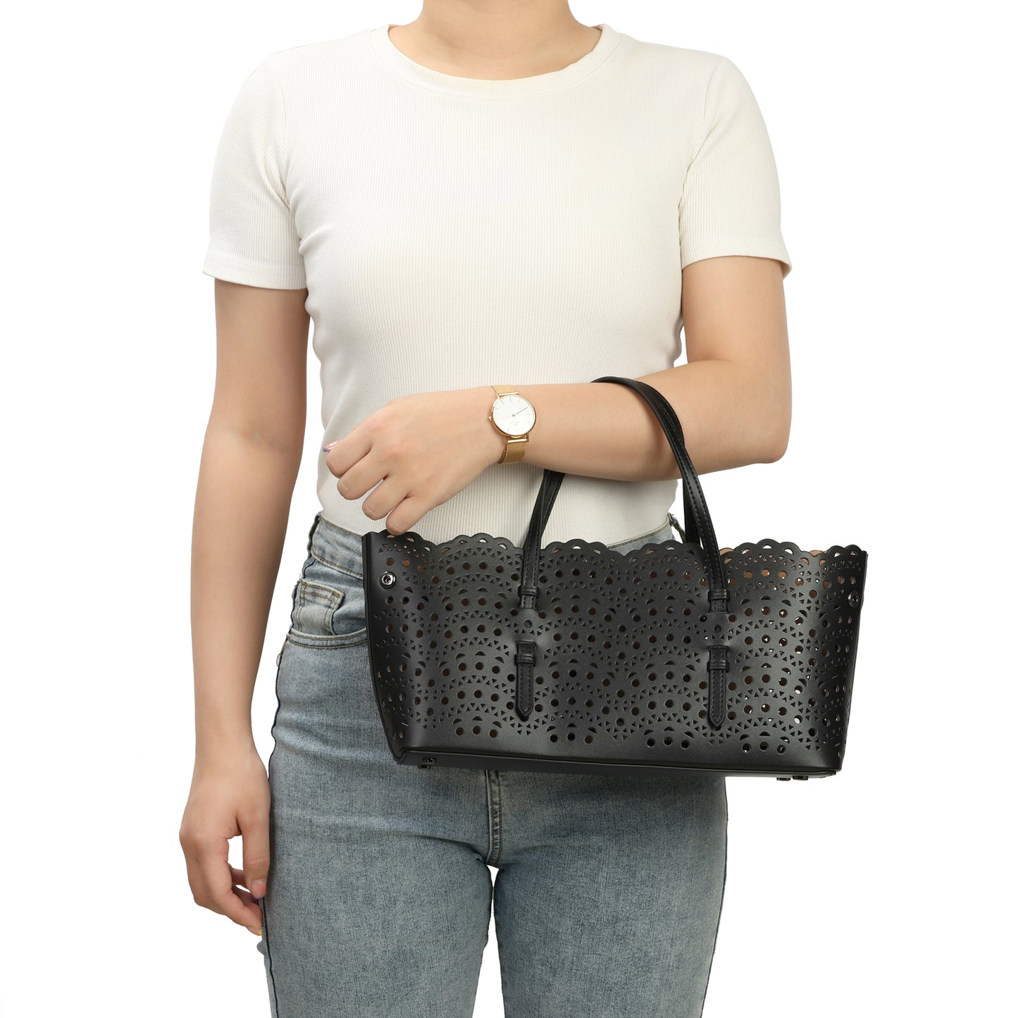 Laser-Cut Leather Tote with Scalloped Edges