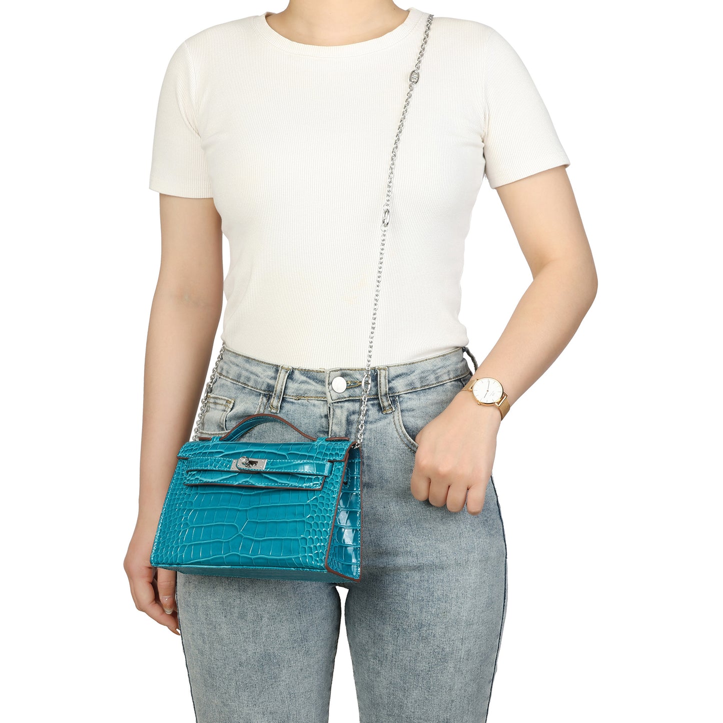 Croc-Embossed Leather Satchel with Padlock Accent
