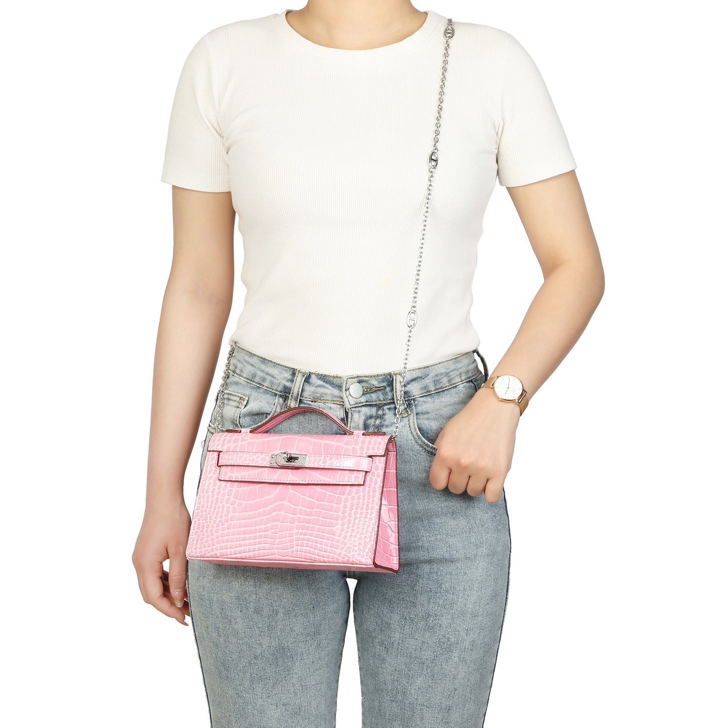 Croc-Embossed Leather Satchel with Padlock Accent