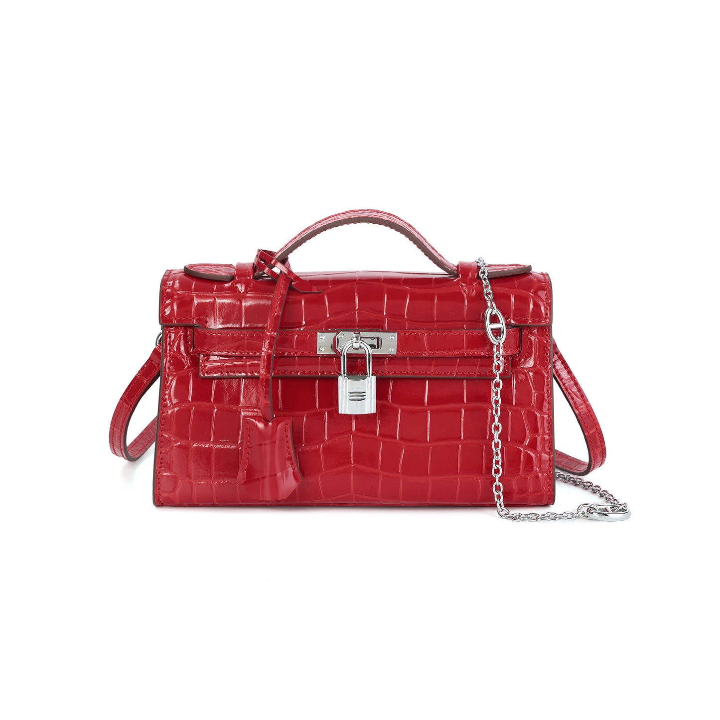 Croc-Embossed Leather Satchel with Padlock Accent