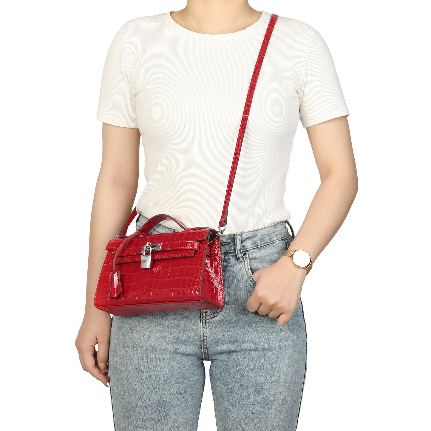 Croc-Embossed Leather Satchel with Padlock Accent