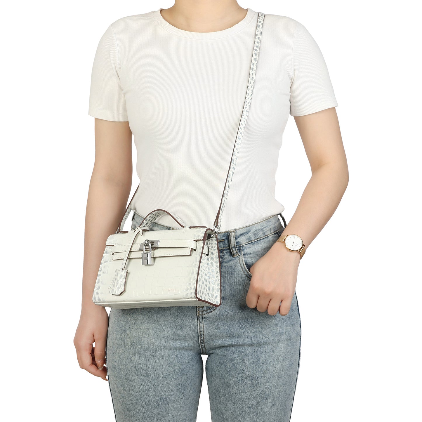 Croc-Embossed Leather Satchel with Padlock Accent
