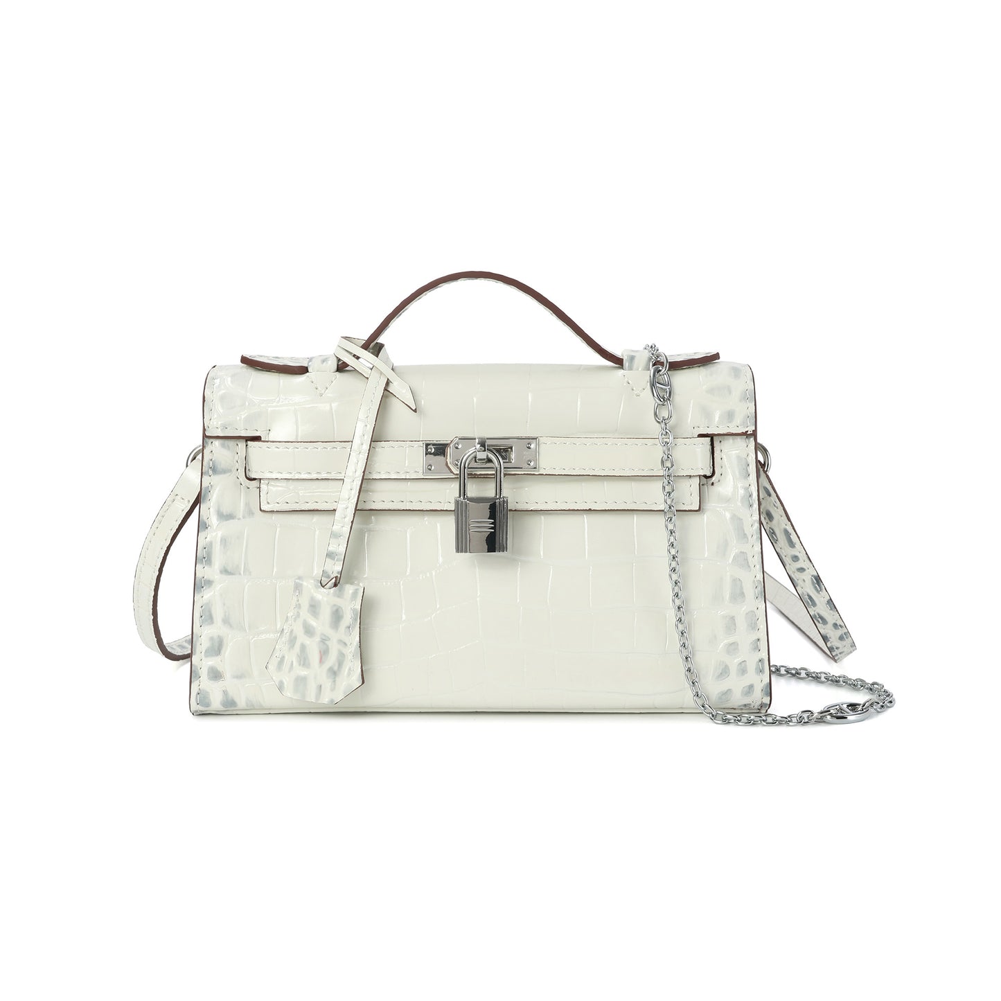 Croc-Embossed Leather Satchel with Padlock Accent