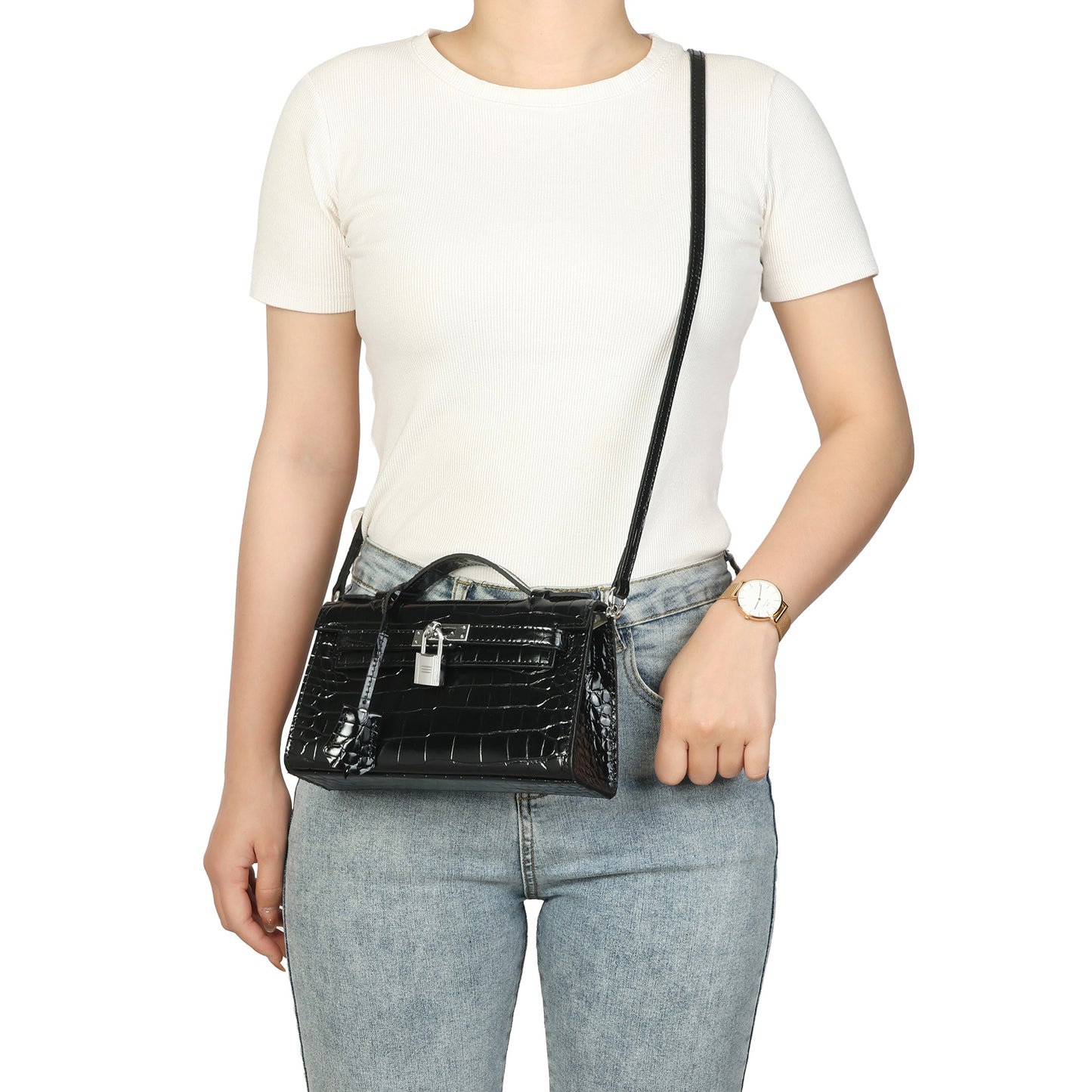 Croc-Embossed Leather Satchel with Padlock Accent