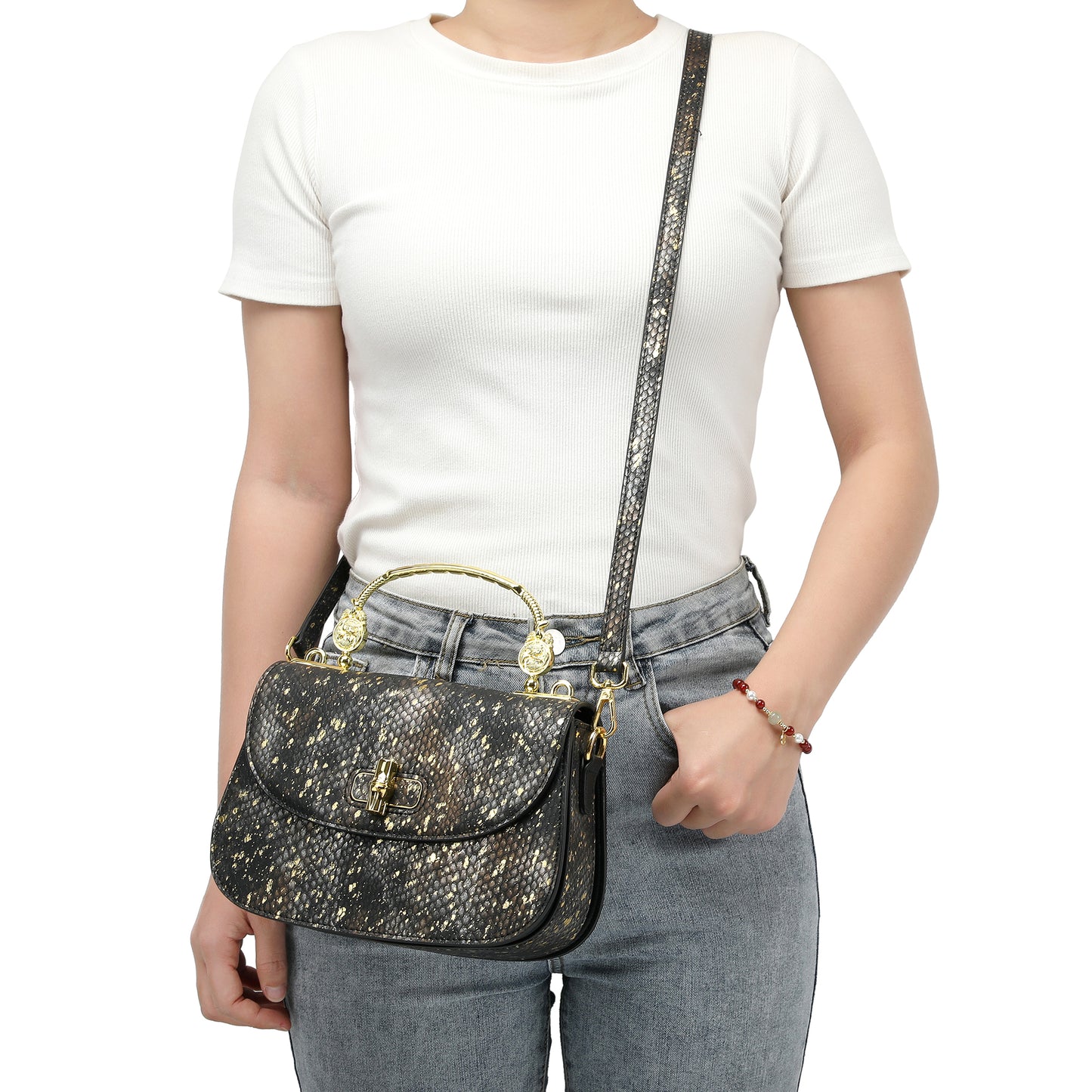 Top-Handle Snakeskin print Leather Satchel/Shoulder Bag