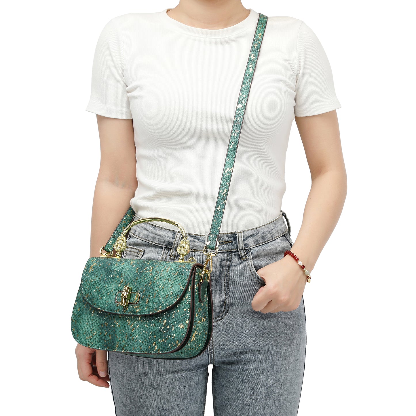 Top-Handle Snakeskin print Leather Satchel/Shoulder Bag