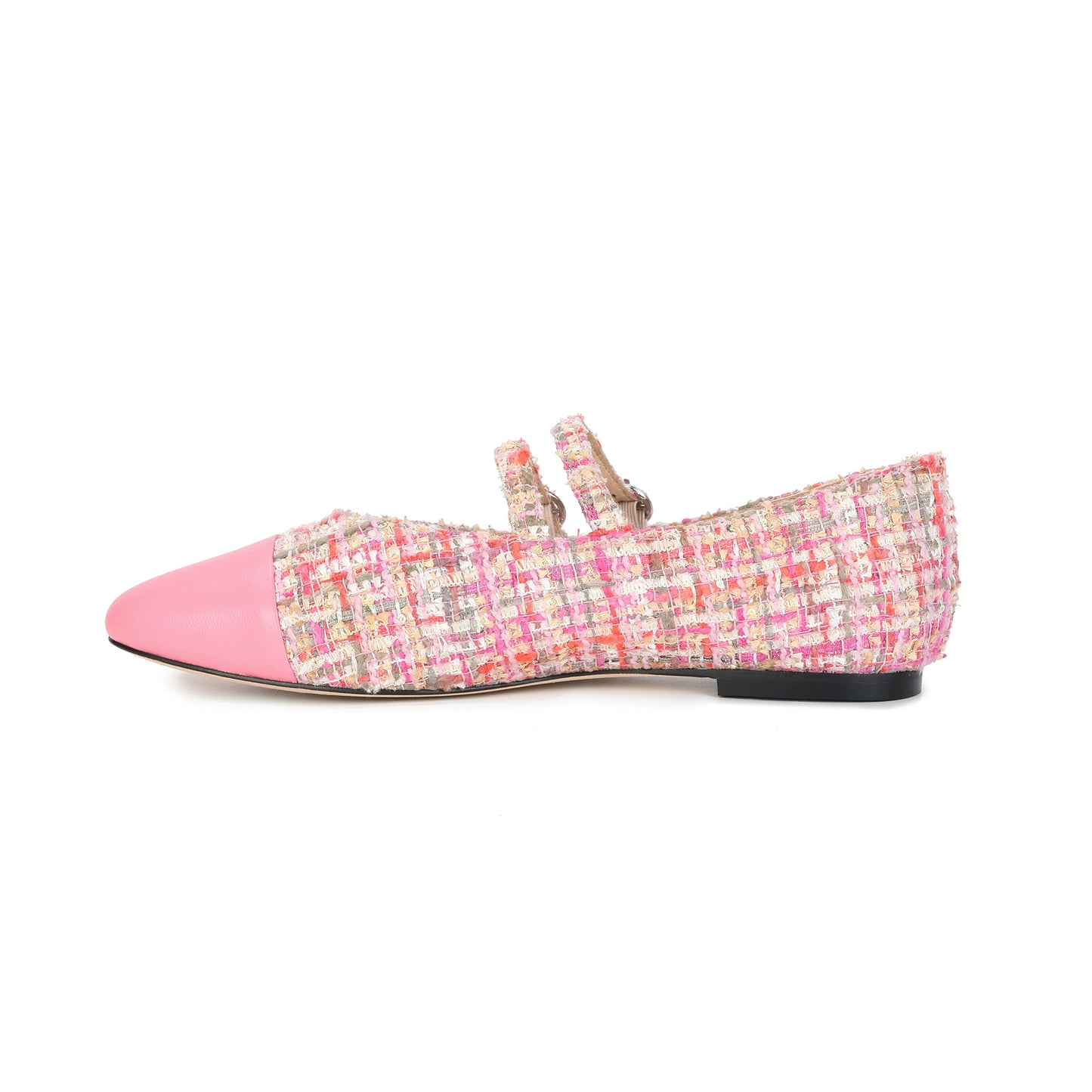 Pink Two-tone Tweed and Leather Mary Jane Flats
