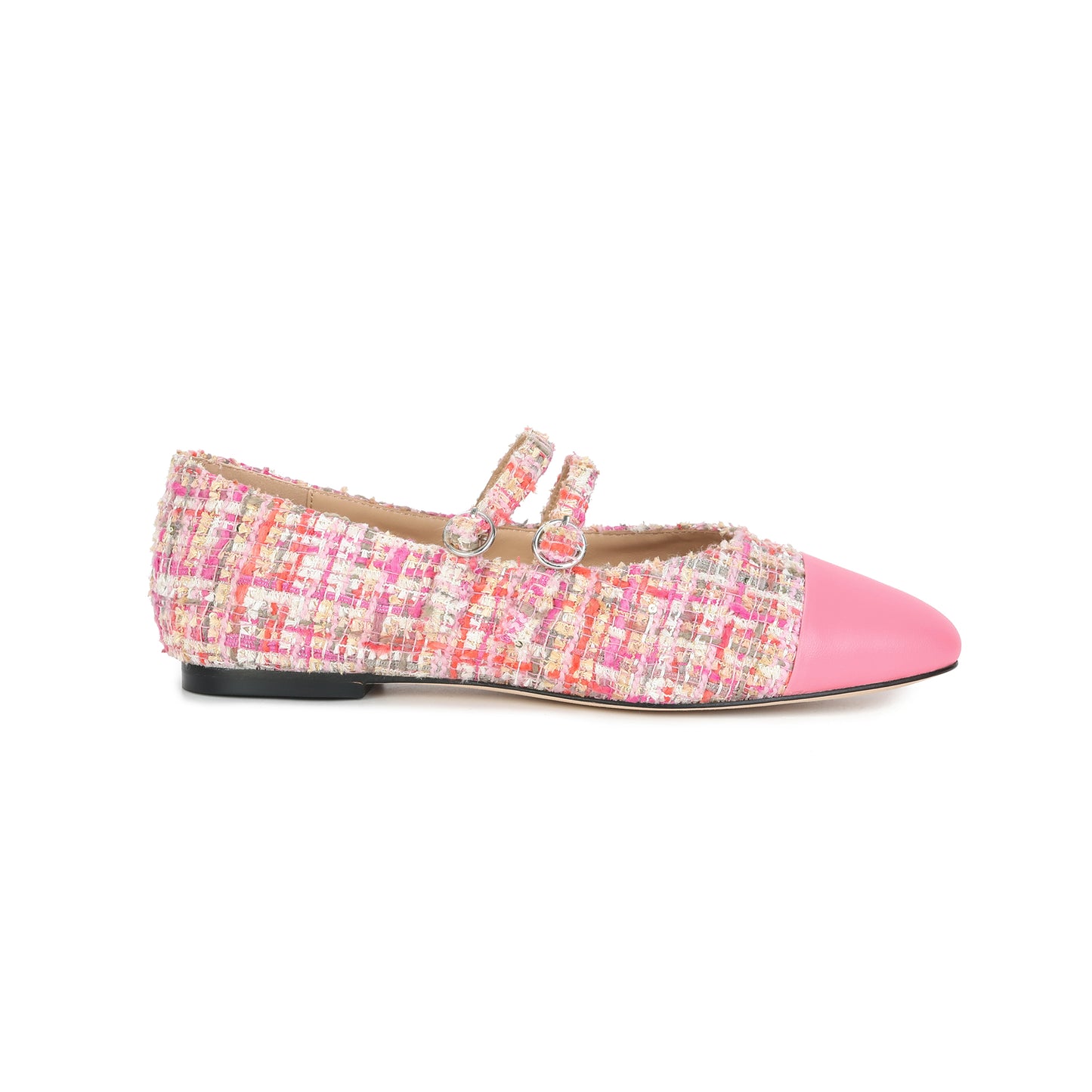 Pink Two-tone Tweed and Leather Mary Jane Flats