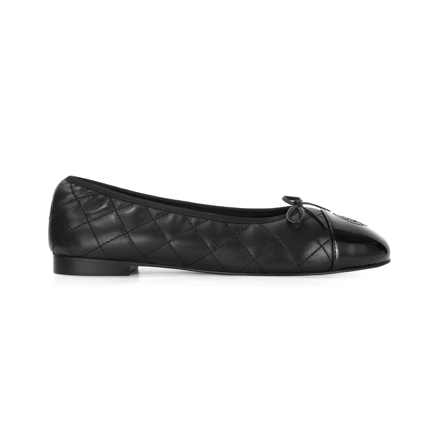 Black Quilted Leather Ballet Flats with Bow and Patent Toe Cap