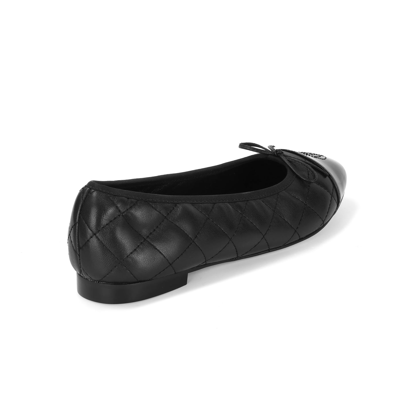 Black Quilted Leather Ballet Flats with Bow and Patent Toe Cap