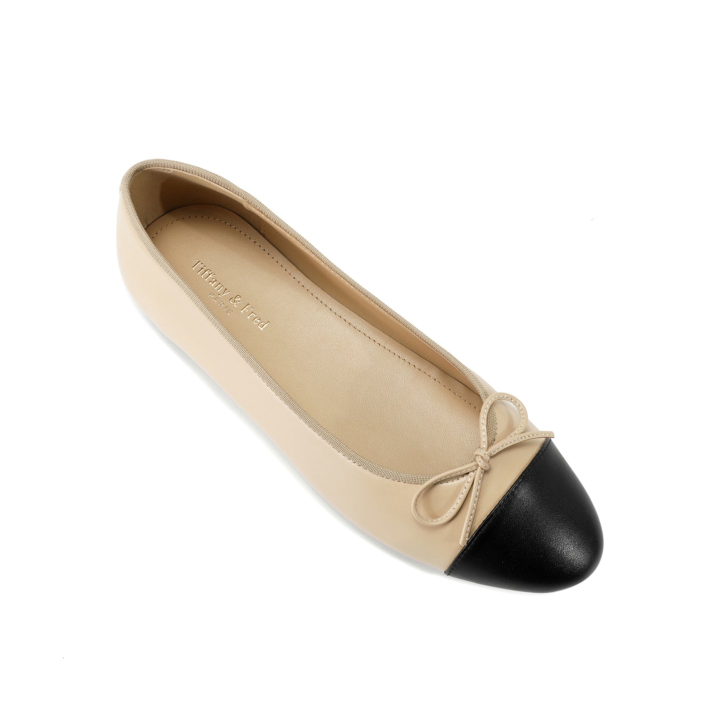 Beige/ Black Two-tone Leather Ballet Flats with Bow