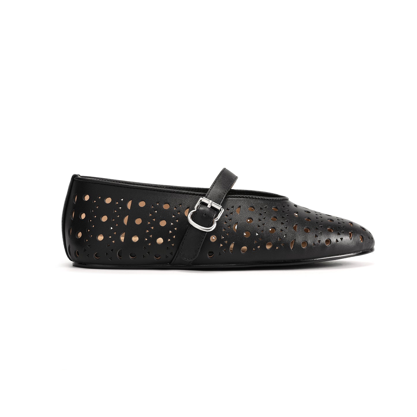 Black Perforated Leather Mary Jane Flats