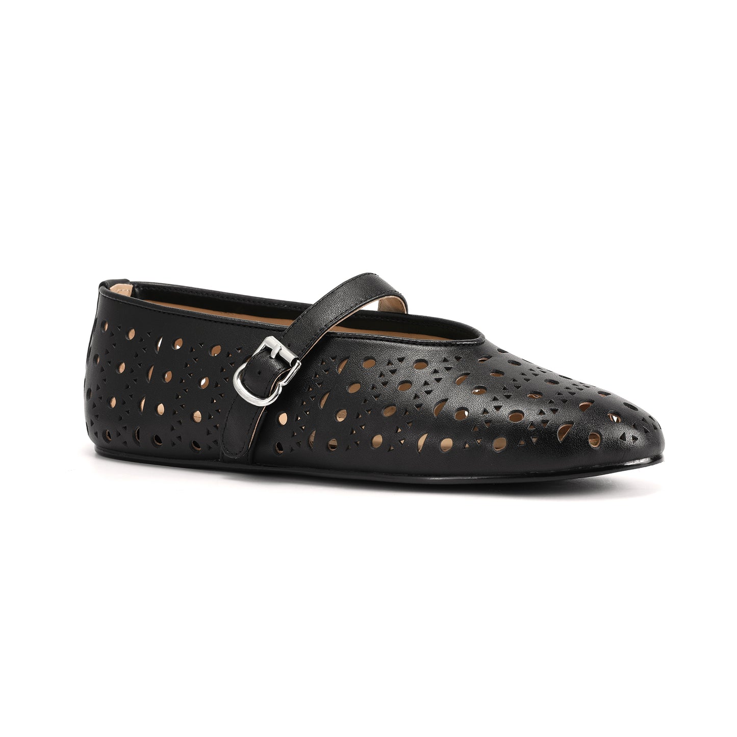 Black Perforated Leather Mary Jane Flats
