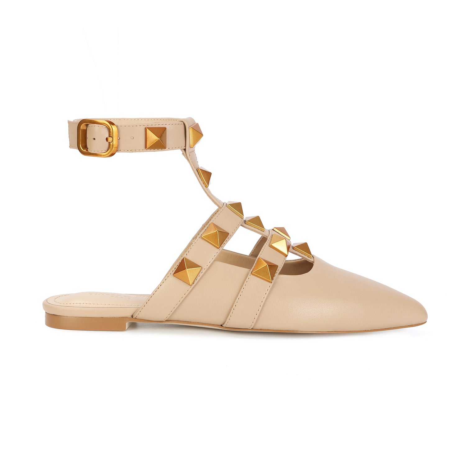 Nude Studded Leather Pointed-toe Ankle Strap Flats