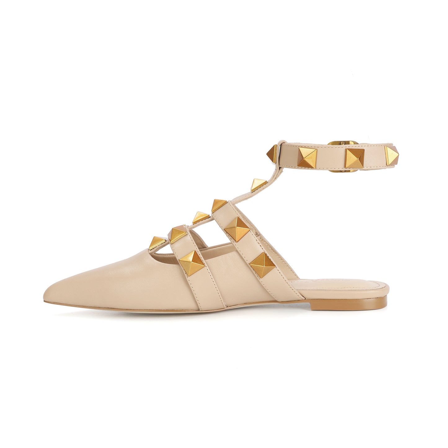 Nude Studded Leather Pointed-toe Ankle Strap Flats