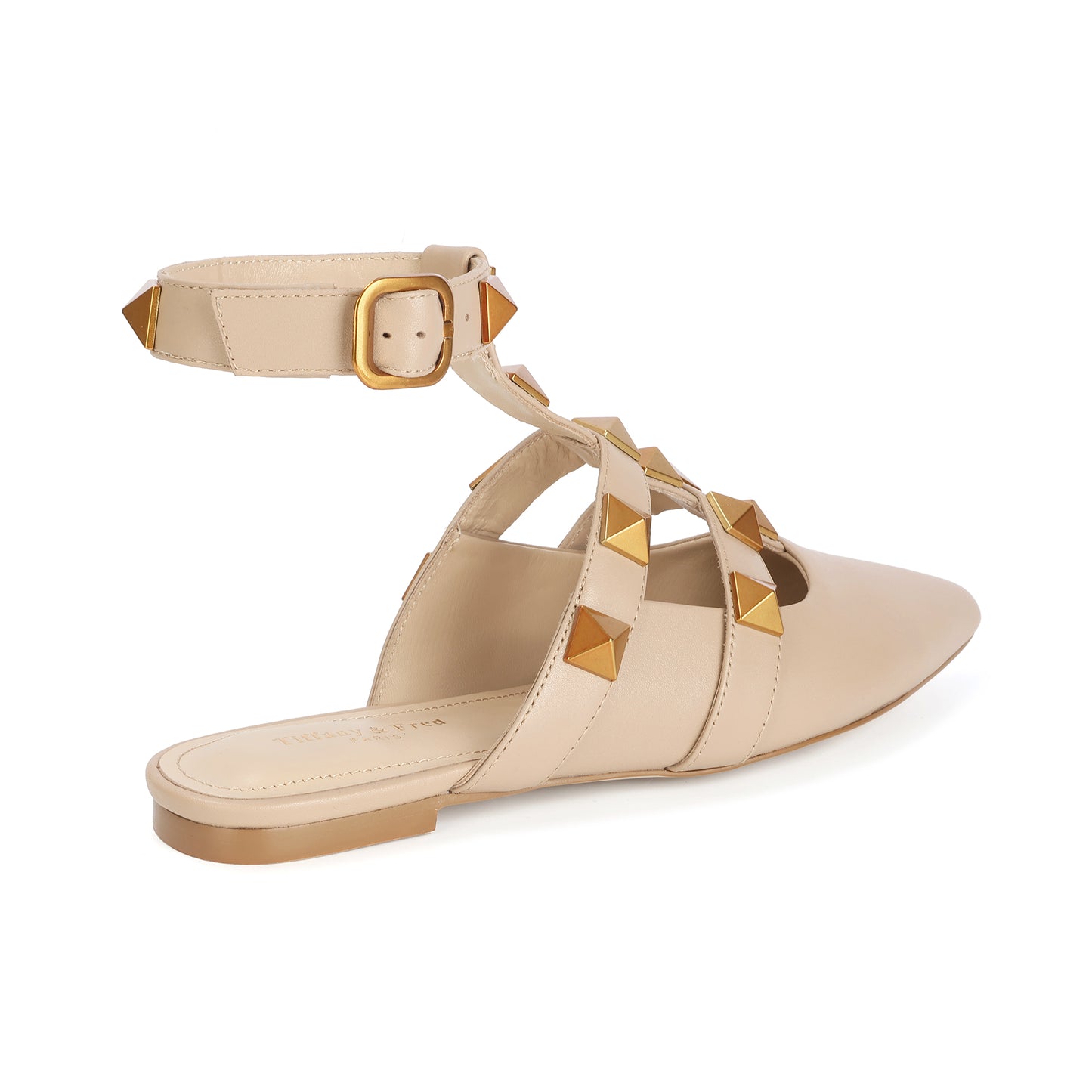 Nude Studded Leather Pointed-toe Ankle Strap Flats