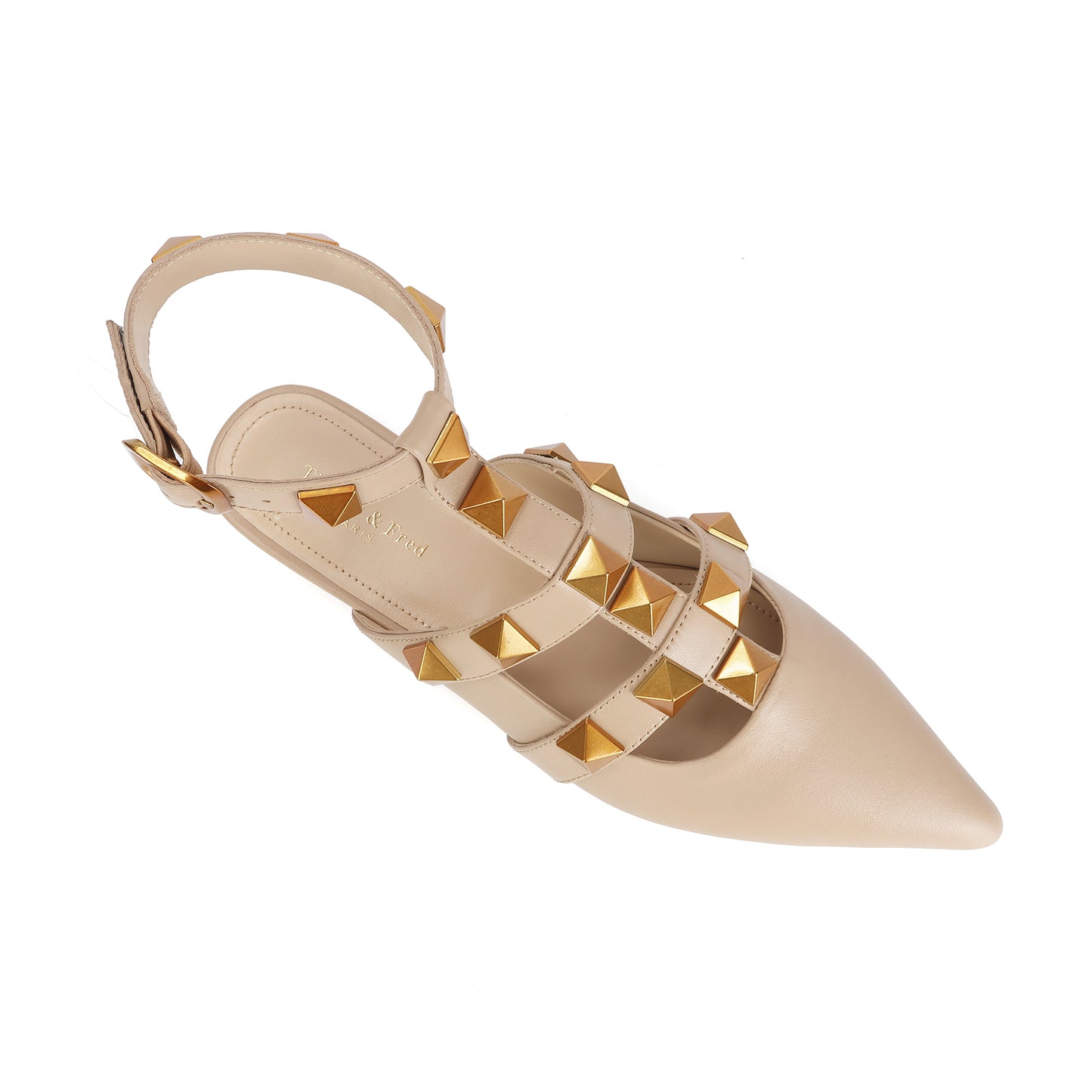 Nude Studded Leather Pointed-toe Ankle Strap Flats
