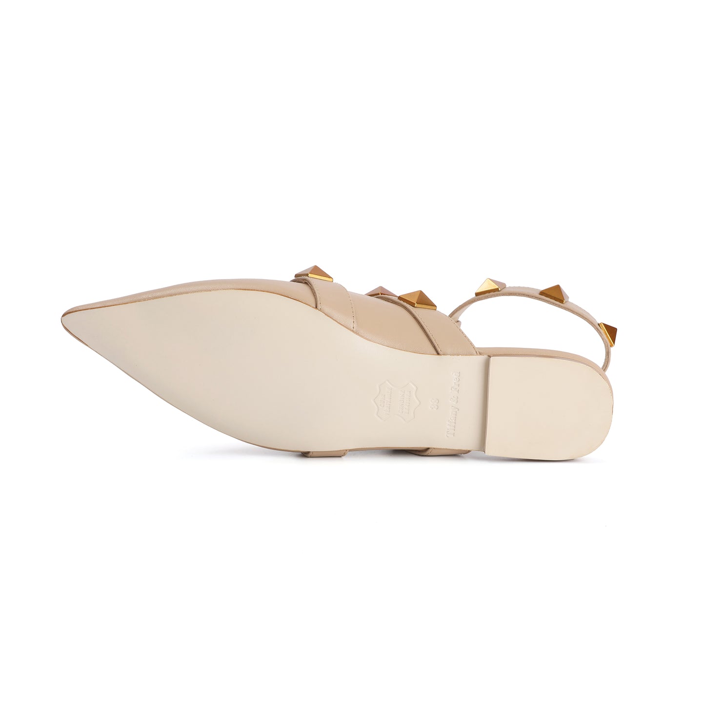 Nude Studded Leather Pointed-toe Ankle Strap Flats