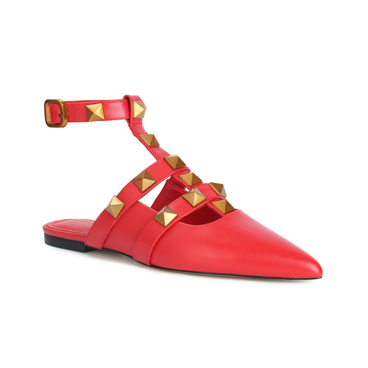 Red Studded Leather Pointed-toe Ankle Strap Flats